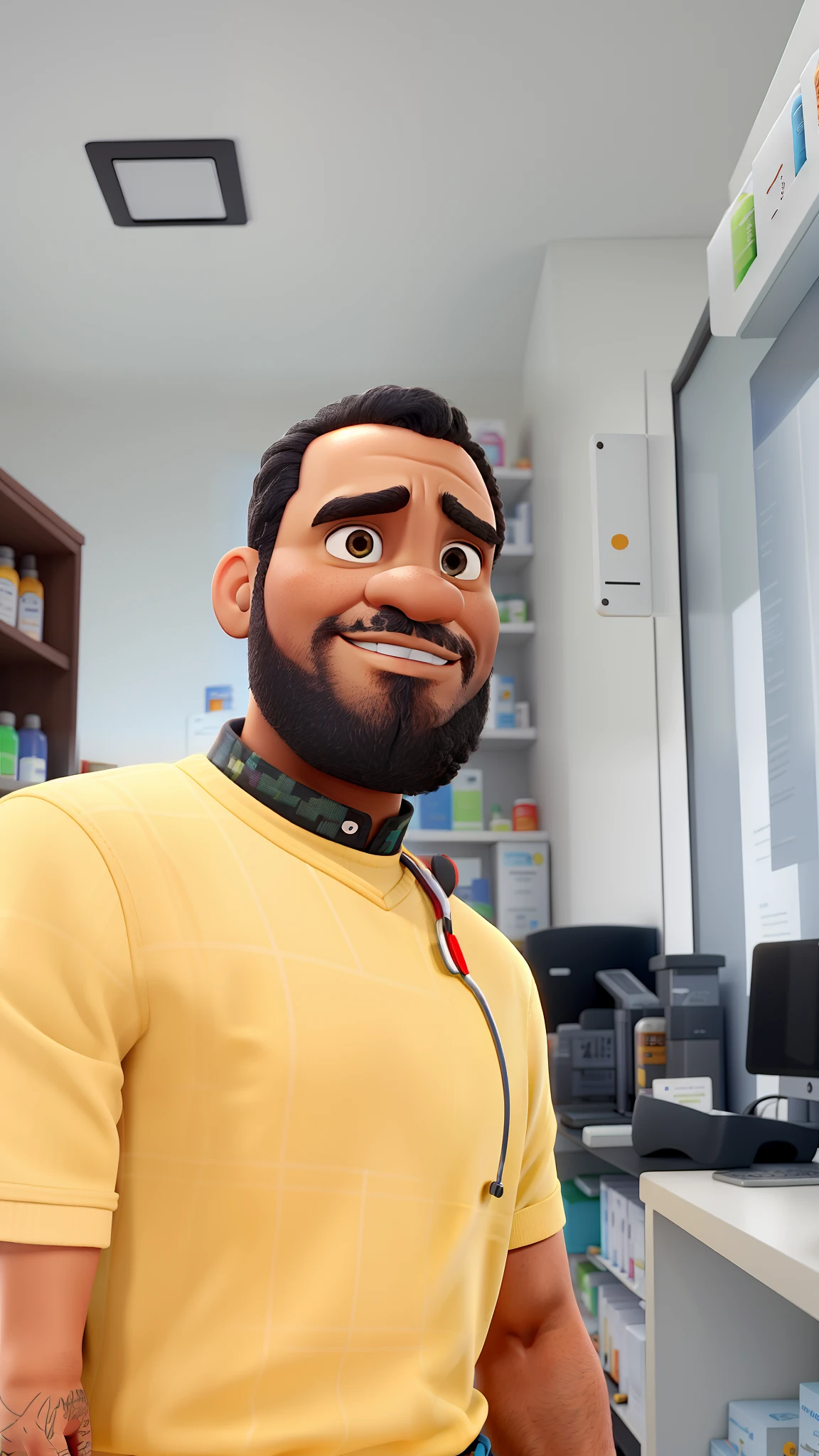Um homem negro estilo pixar, Shelves with medicine in the background, um titulo na frente relacionado a farmacia encantada, melhor qualidade, alta qualidade,