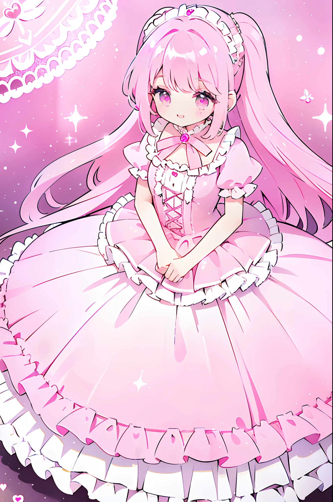 (Pink ta dress, Loliashion:1.24), shiny clothes, girl image, better hands, refrigerator sticker design, pink tone, cute style, girly, sweet decoration, pink bubbles, candy color scheme, dreamy scene, exquisite details, small and exquisite, sweet atmosphere, romantic elements, girlish sentiment, pink color, cute decorations, sweet smile