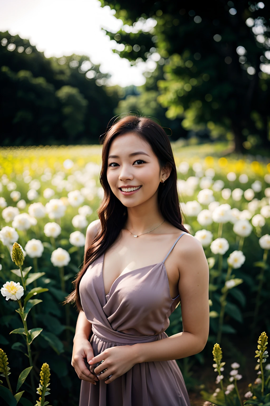 there is a woman standing in a field of flowers with a blue sky in the background, beautiful summer dress, full body, big intimate smile, eyes closed, portrait of girl in flower field, soft portrait shot 8k, flowers in front of woman, beautiful young face, detailed face of a asian girl, Canon EOS-1D X Mark III f/2.8