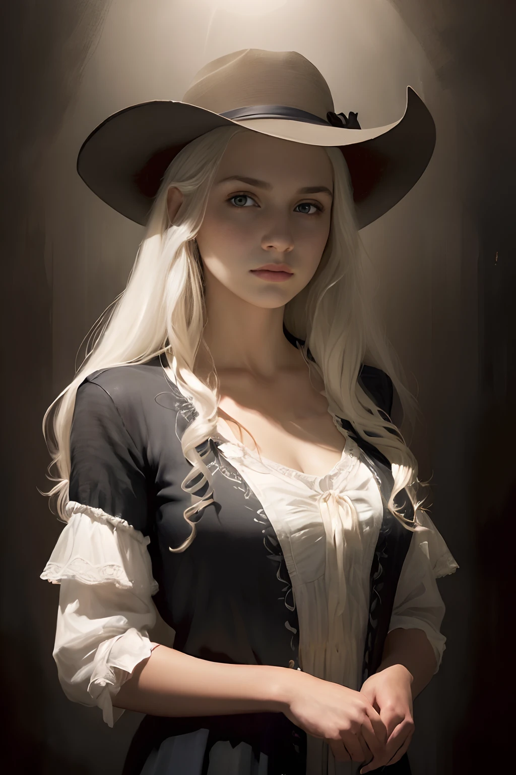 (in the dark:1.6), Hyperrealist portrait of female by david hockney and alphonse mucha,fantasy art, photo realistic, dynamic lighting, artstation, poster, volumetric lighting, very detailed faces, 4 k, award winning,, 1girl, in the dark, deep shadow, low key,cowboy shot,(official clothing:1.4) ,long hair,white hair,