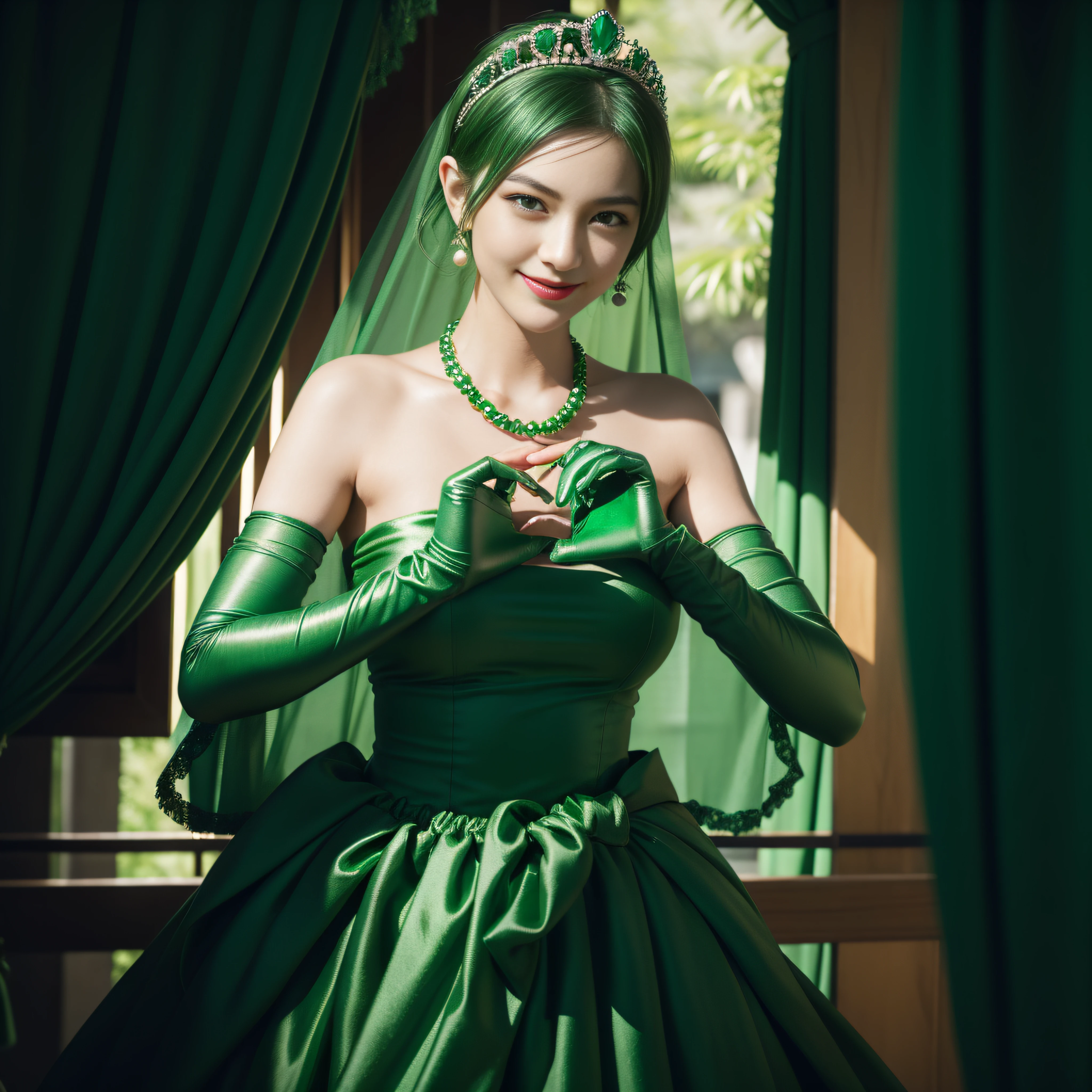 emerald tiara, Green Pearl Necklace, Boyish very short green hair, lipsticks, Japan woman smiling, very short short hair, big breasts beautiful, Green eyes, Long green gloves made of satin material, Green eyes, Emerald Earrings, green vale, Heart with both hands