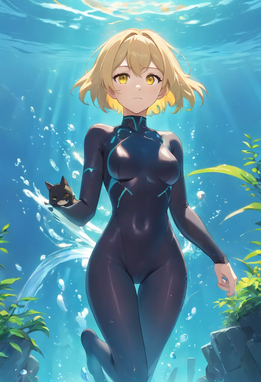 1 male human、a blond、Huge ass、Black catsuit、yellow eyes、Large, thick thighs、short-haired、wide hips、pantyhose、musculature、male child、abdominals、under the water