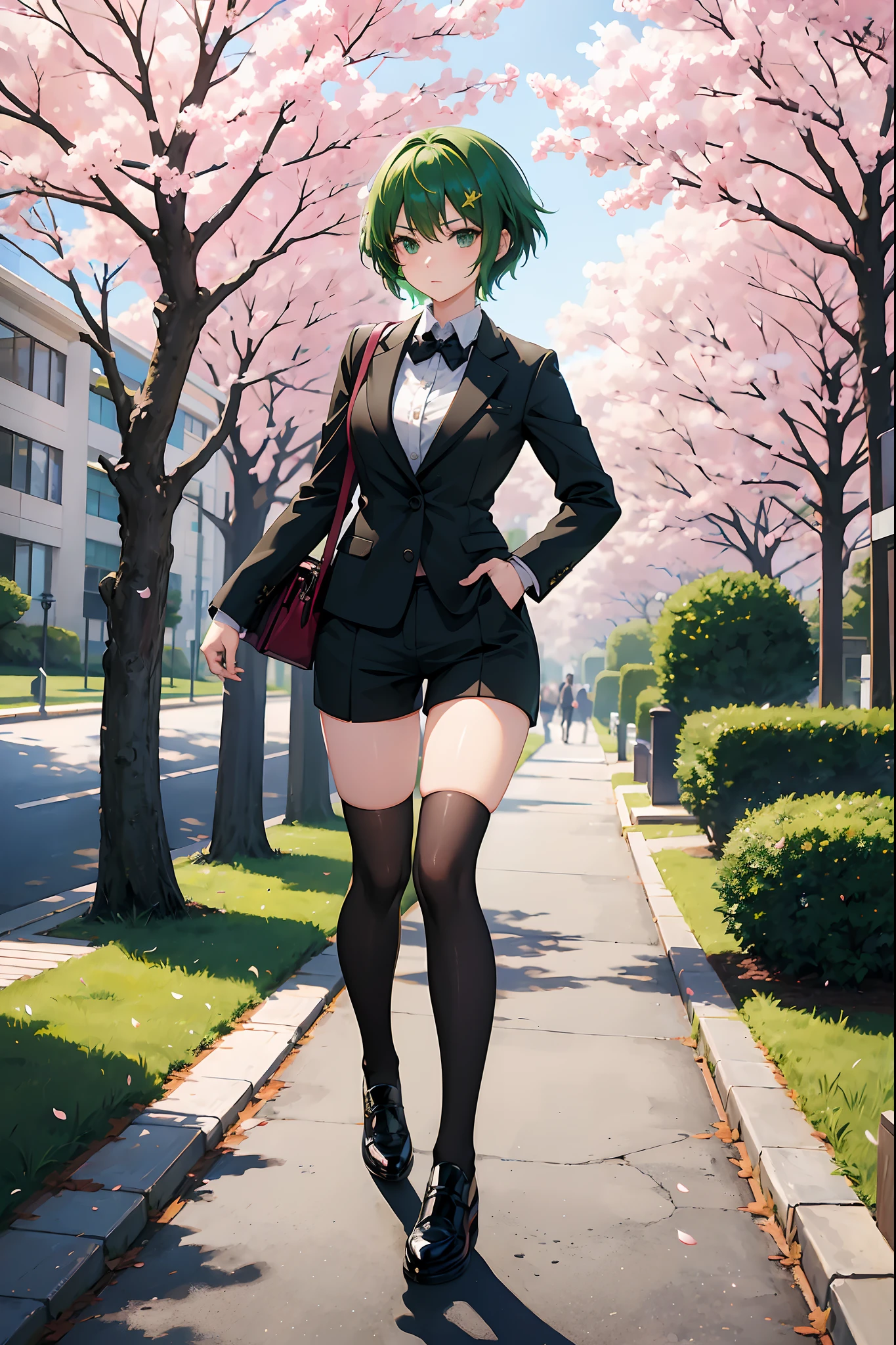 (masterpiece, best quality, ultra detailed, absurdres)1.5, 1girl, (sexy, beautiful woman, perfect face, perfect eyes, perfect female body, huge breasts)1.5, (misako \(rcg\), white shirt, shirt tucked in, long sleeves, red necktie, black shorts, green thighhighs, pink footwear, pink backpack, short hair, black hair, <lora:rcg_misako:0.8>), (standing, outdoors, in an alleyway), perfect lighting, smooth, hdr