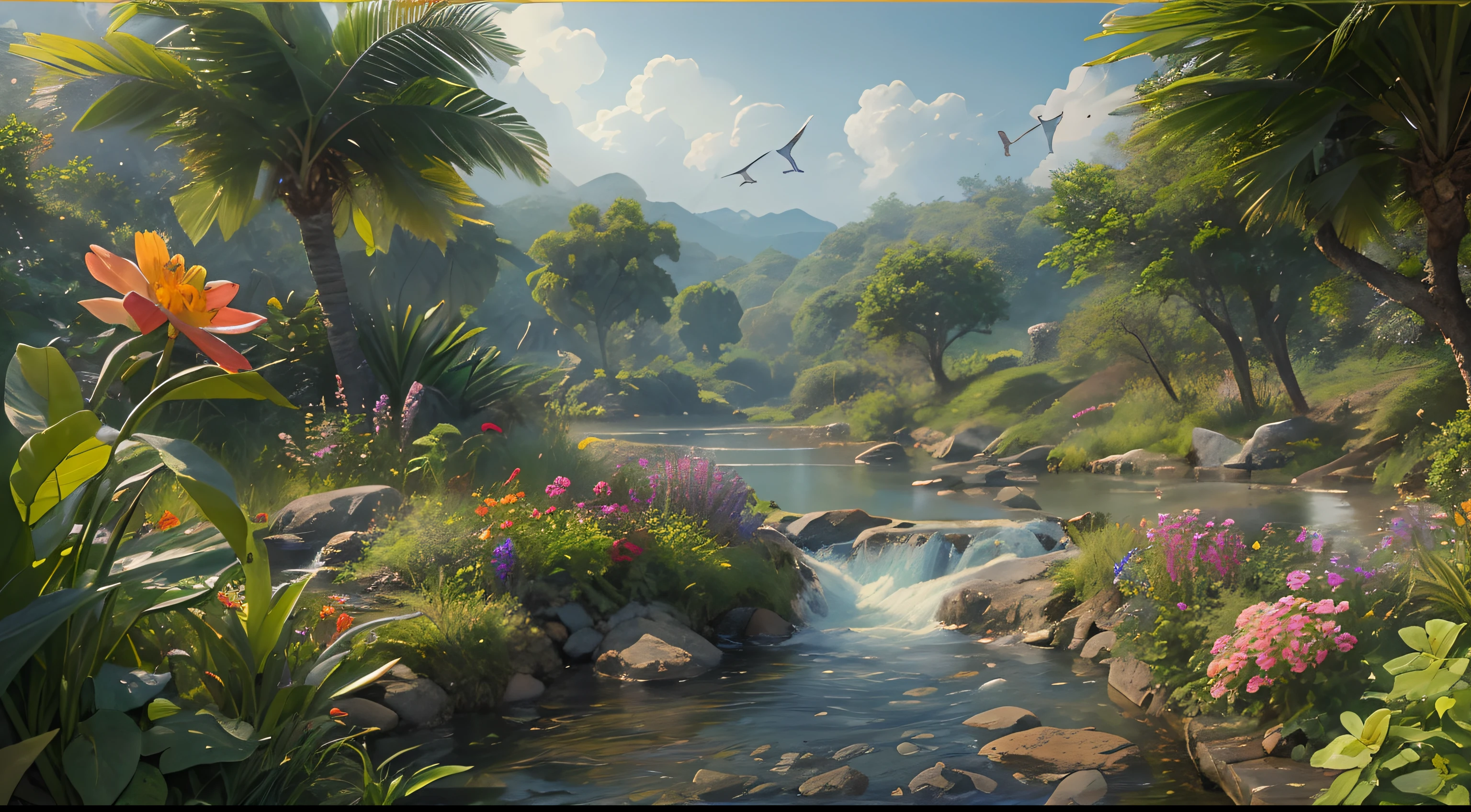 (Best quality)), ((Masterpiece)), (Highly detailed:1.3),Sunlight，Landscape and water，small stream，jungles，birds and flowers