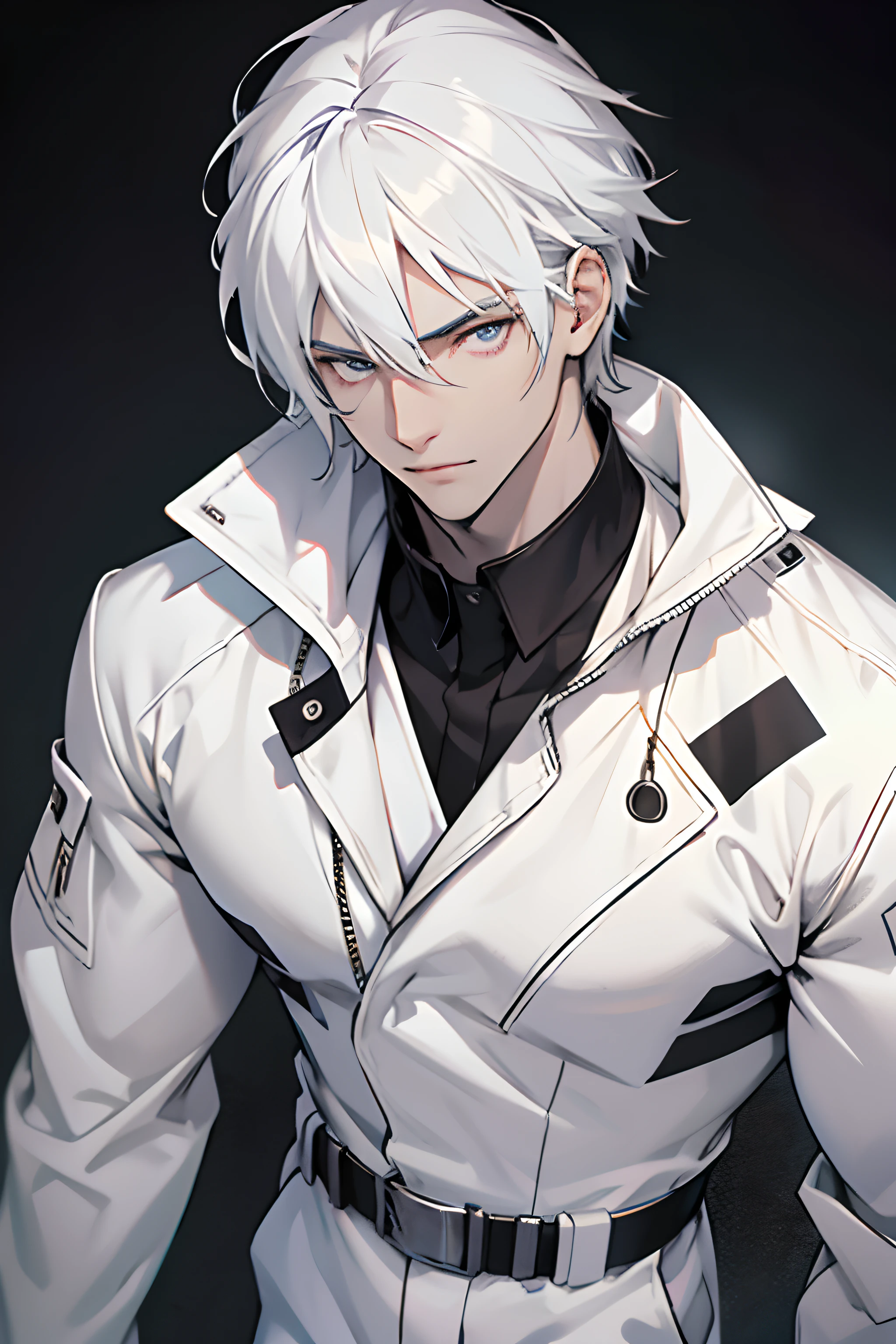 Handsome man , Pale skin , Silver eyes , White hair , White jumpsuit , has a black collar