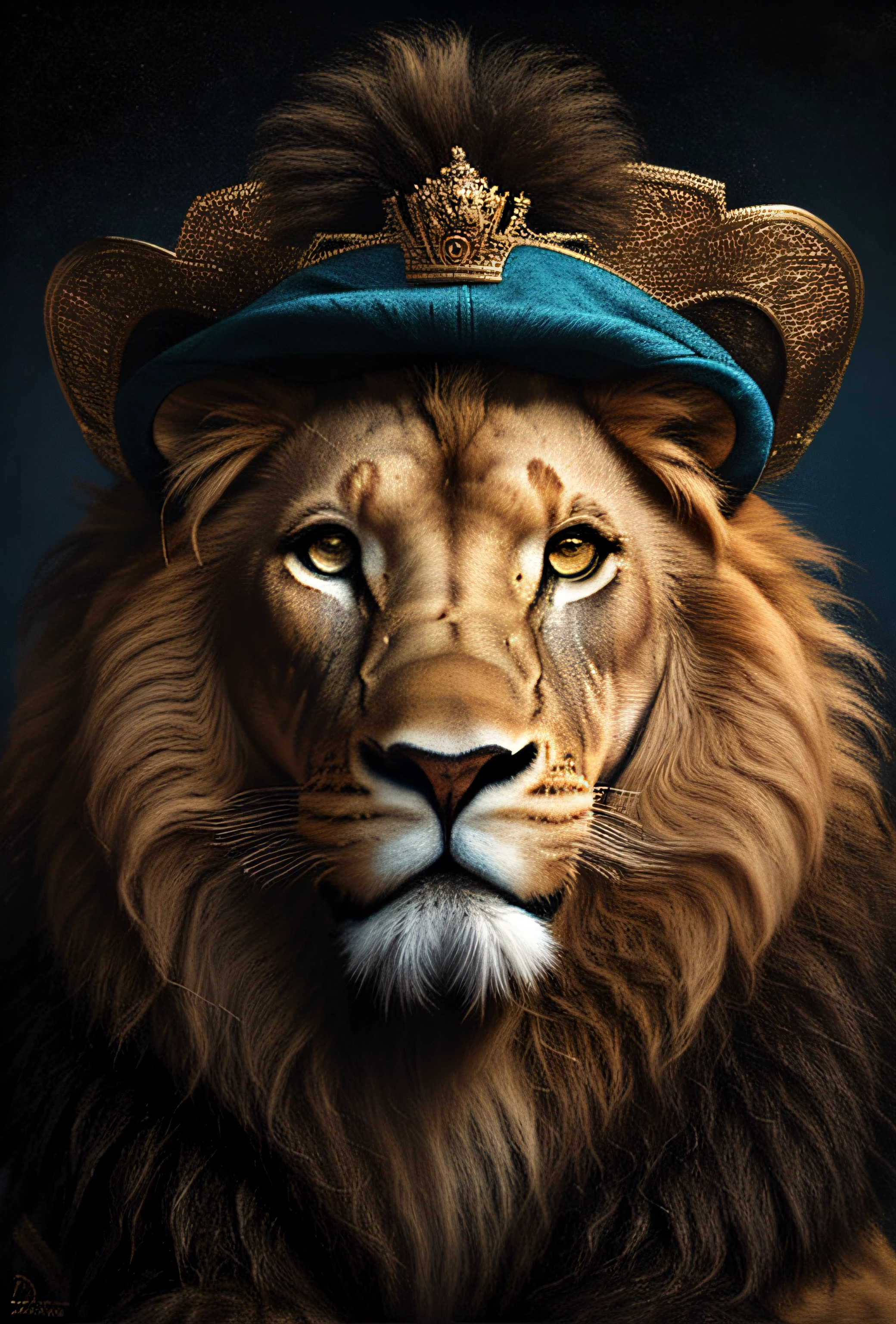 painting of a lion wearing a hat and sunglasses, king of the jungle, lion warrior, lion with crown, portrait of a lion, robot lion, lion, roaring blue lion. majestic, half lion, 2 d full body lion, lion mane, “portrait of a cartoon animal, lionardo davinchi, by derek zabrocki, portrait of a king