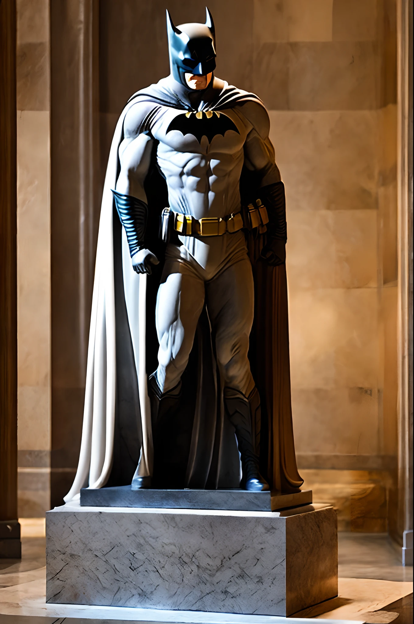 Marble statue of Batman、Uncolored marble、Integrated marble pedestal、Full body like、​masterpiece、art gallery、Warm color lighting、spot light、highcontrast、cinematlic lighting、top-quality、Top image quality