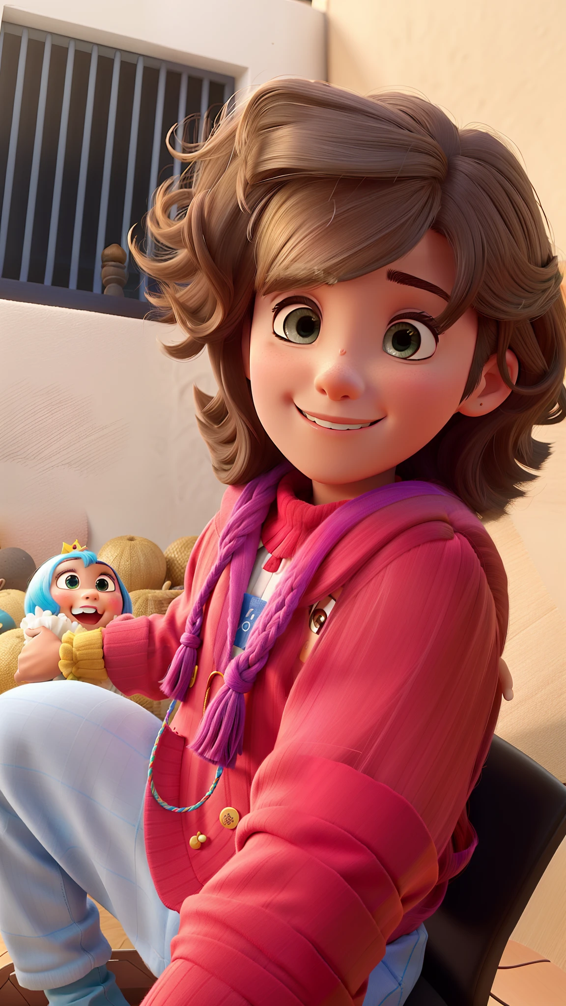 Crianca de 3 anos , cabelos claros, brincando no estilo pixar