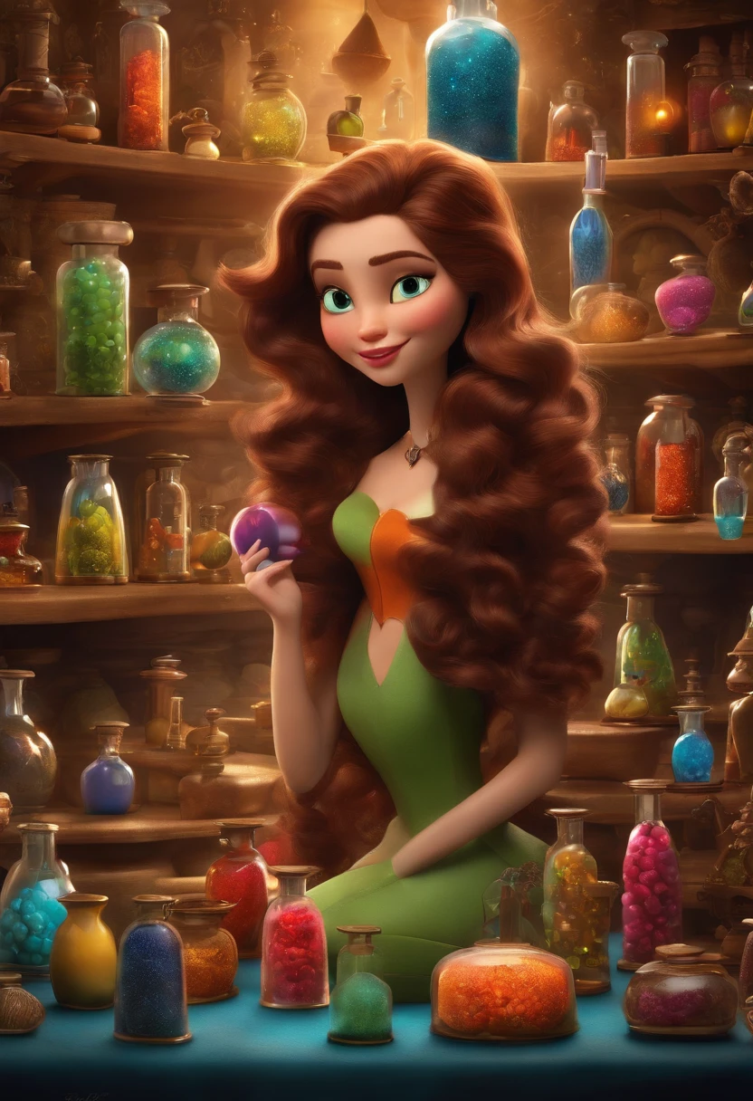 A collector of ideas inspired by Pixar animation, de perto. She is surrounded by a collection of magic vials, each containing a unique idea. The focus is on the character, with a captivating facial expression, Against a backdrop of shimmering, cores efervescentes.
