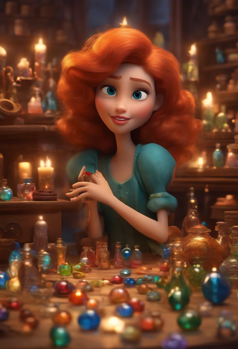 A collector of ideas inspired by Pixar animation, de perto. She is surrounded by a collection of magic vials, each containing a unique idea. The focus is on the character, with a captivating facial expression, Against a backdrop of shimmering, cores efervescentes.