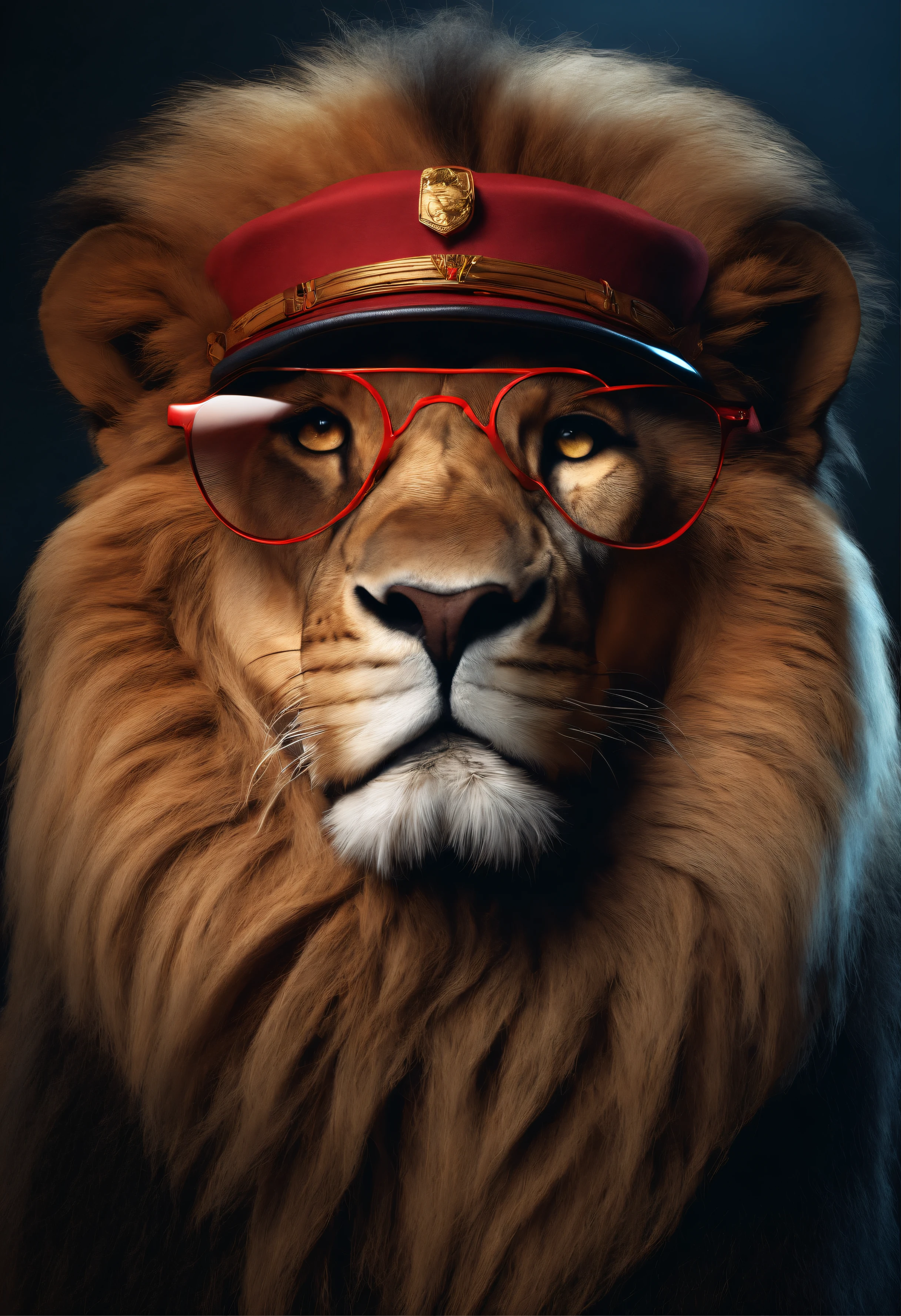 lion , 3d , 8k , artwork , high qualite wearing redhat and cool glasses