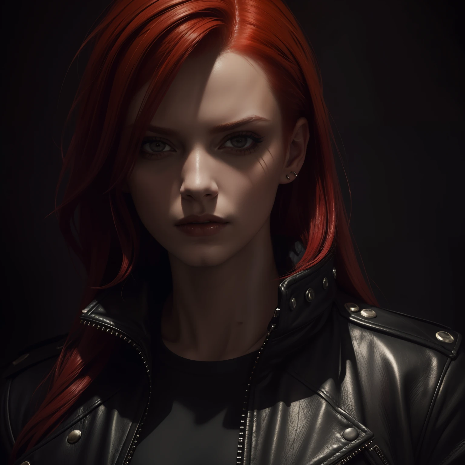 (highres,masterpiece:1.2),ultra-detailed,woman with red hair,wearing a black leather jacket,evil gaze,piercing eyes,intense expression,edgy style,dark atmosphere,dramatic lighting,oil painting,textured background,high contrast,deep shadows,vivid colors,gritty tones