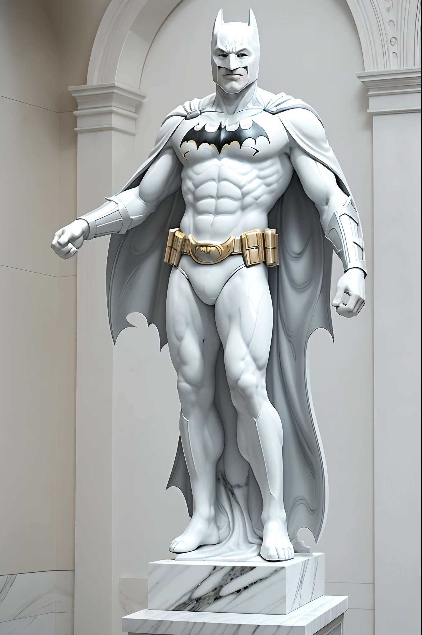 (Masterpiece: 1.3), (Best Quality), (8K, 16K), (Intricate Details), Realistic, ((Batman Realistic White Marble Statue: 1.4)), Uncolored Marble, Pure White Statue, Wearing Costume Pose, Neutral Background, Art Gallery, Photorealistic, Cinematic Scene, Ultra Detail, Hyperrealistic, Realistic Shadows, Museum Lighting, Spotlight, High Contrast, Integrated Marble Pedestal, Full Body,