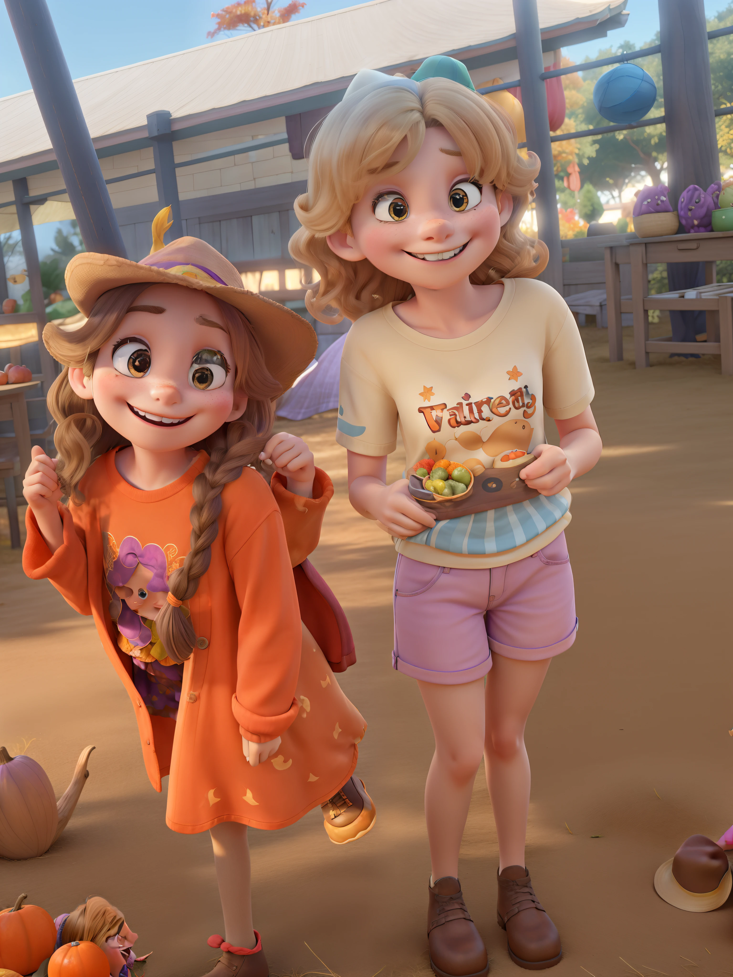 Two girls pose in the image: one on the left with long, dark golden blonde hair, wearing a purple witch's hat and an orange T-shirt with a bat design. The other, on the right, has shoulder-length, curly light golden blonde hair. They're both , smiling, and dressed in shorts. The picture captures their essence and personalities, as they enjoy an autumn festival together.The girls appear to be having fun. Generate an image in the style of Pixar animation.