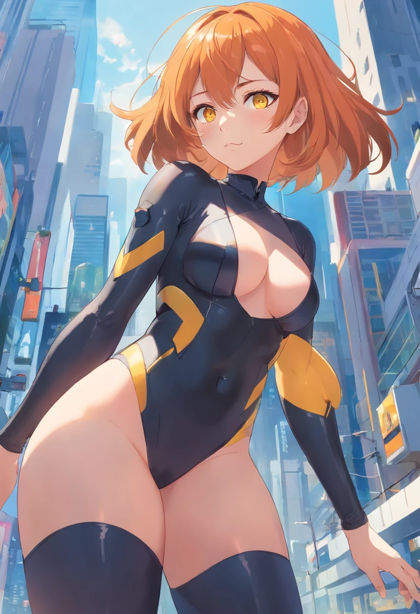 1 female、Orange hair、Colossal tits、Big ass、Black catsuit、yellow eyes、Large, thick thighs、a short bob、wide hips
