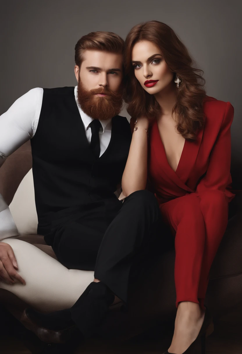 A man and a woman sitting on a sofa with gray wall, she's a white woman lawyer, jovem, Serious, Chic and wise, com cabelo longo liso e preto , olhos esbugalhados e grandes na cor marrom, Mouth with big lips, quadril um pouco largo, pernas grossas, seios pequenos , with black dress pants, blusa preta e brazer branco, She's wearing brown-rimmed glasses, salto alto preto. He's a tall red-haired man with a red beard, Fat man in black jeans and plain black blouse, sapato marrom e olhos azuis