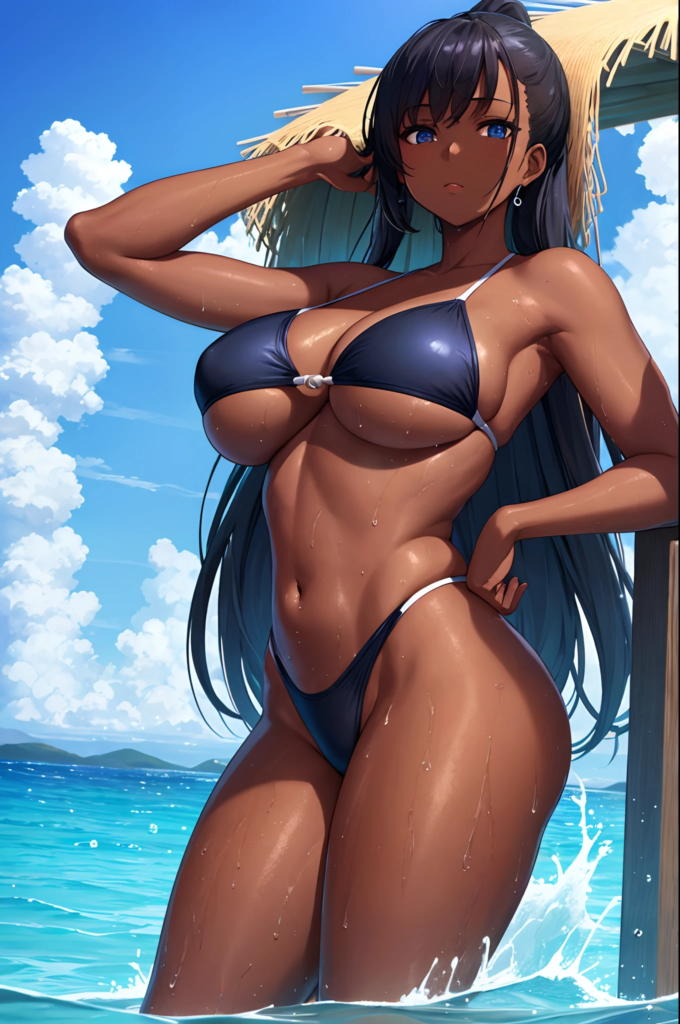 sea, swimsuit, splash, big breasts, beauty, odd eyes, dark skin, sweat, ponytail, thighs