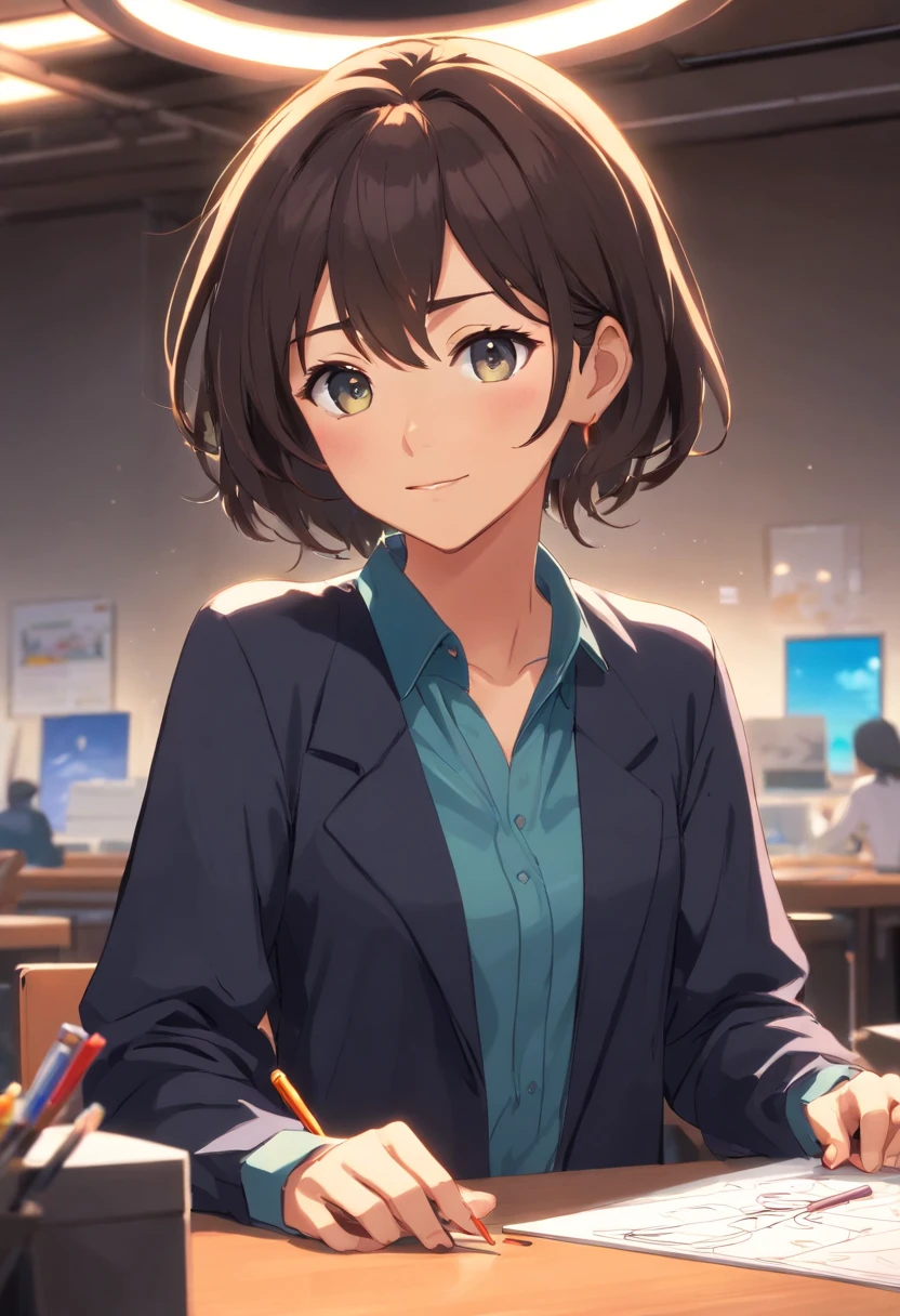 A contemporary design studio, full of sketches, inspirational panels and creation tools. A table with color palettes and artistic pens highlighted.
A soft and determined smile, conveying confidence and passion for design. Bright eyes, expressing curiosity and creativity. Black woman with light skin, long, curly hair. His face has a round nose. She wears a thin necklace with a black ball as a pendant, highlighting her personal style. A medium close-up, focusing on the character's face, highlighting the confident expression and design details. The angle can capture part of the desktop in the background.