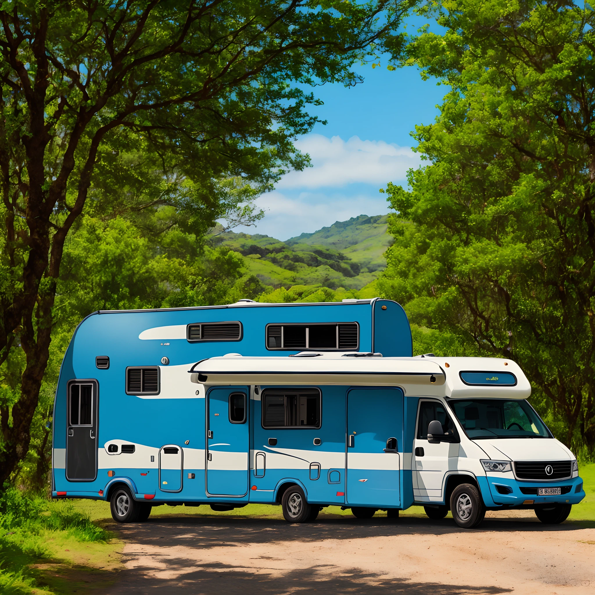 Um motorhome branco vermelho e azul emnuma estrada com dia bem ensolarado