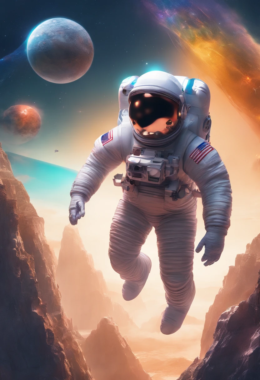 A Yeti astronaut floating in space in the distant center holding a beer, 1/4 of earth in the background