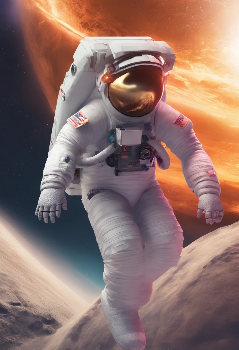 A Yeti astronaut floating in open space. The astronaut can't take too much space in the frame,
A cool but subtle planet/system/star element in the background
The astronaut actually being a yeti (or some abstract hint of a yeti in the image as a reference to a mascot that is used)
The astronaut having some kind of beer in his hand