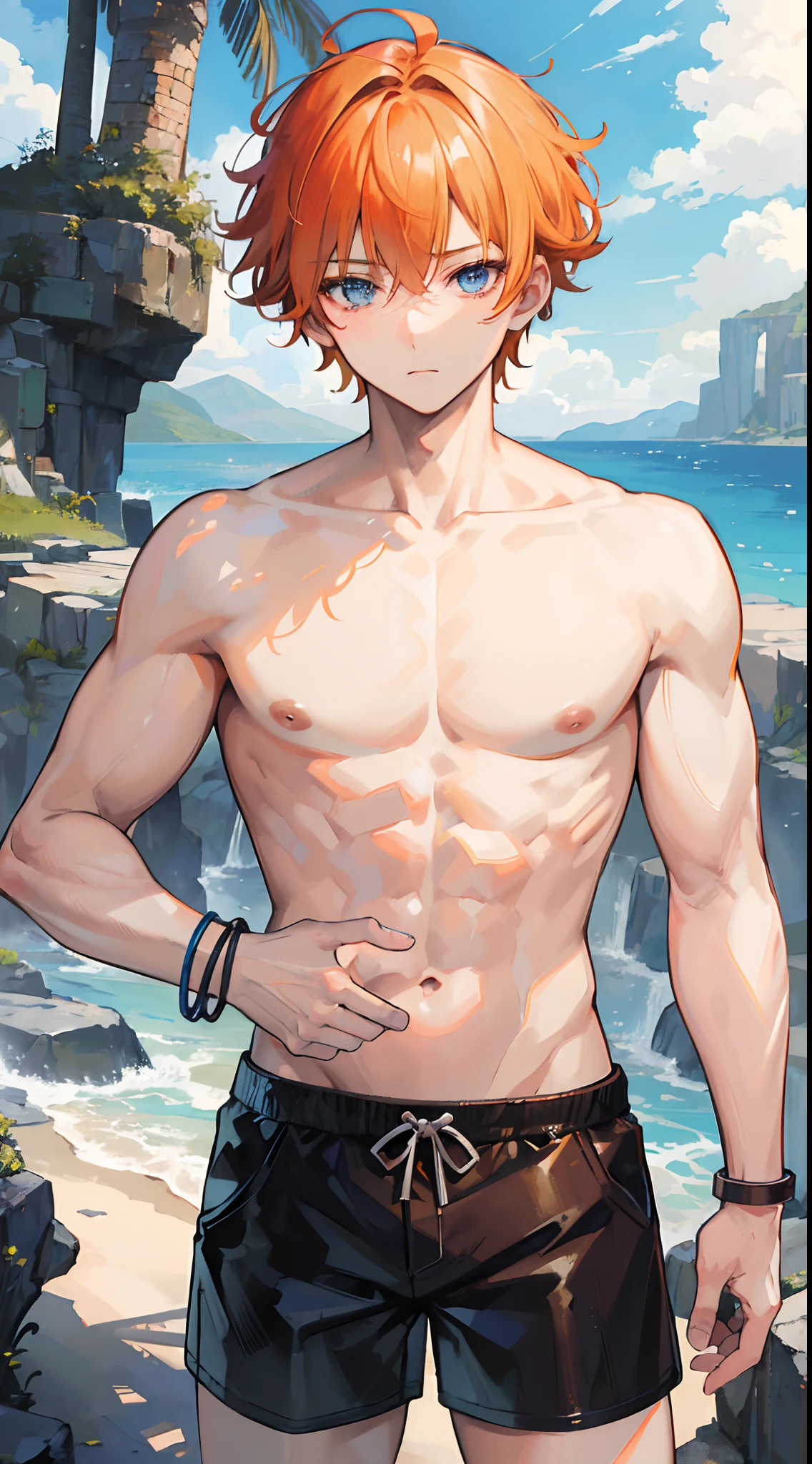 Absurdres masterpiece HDR high quality picture of Handsome boy , handsome face, detailed face, orange hair , very Short hair, ((messy cut hair style:1 )) , blue eyes , light skin , ((muscular:1)),masculine ,age 18 ,
Wearing a summer shorts , topless , a brown leather bracelet, beautiful background, masterpiece scenery