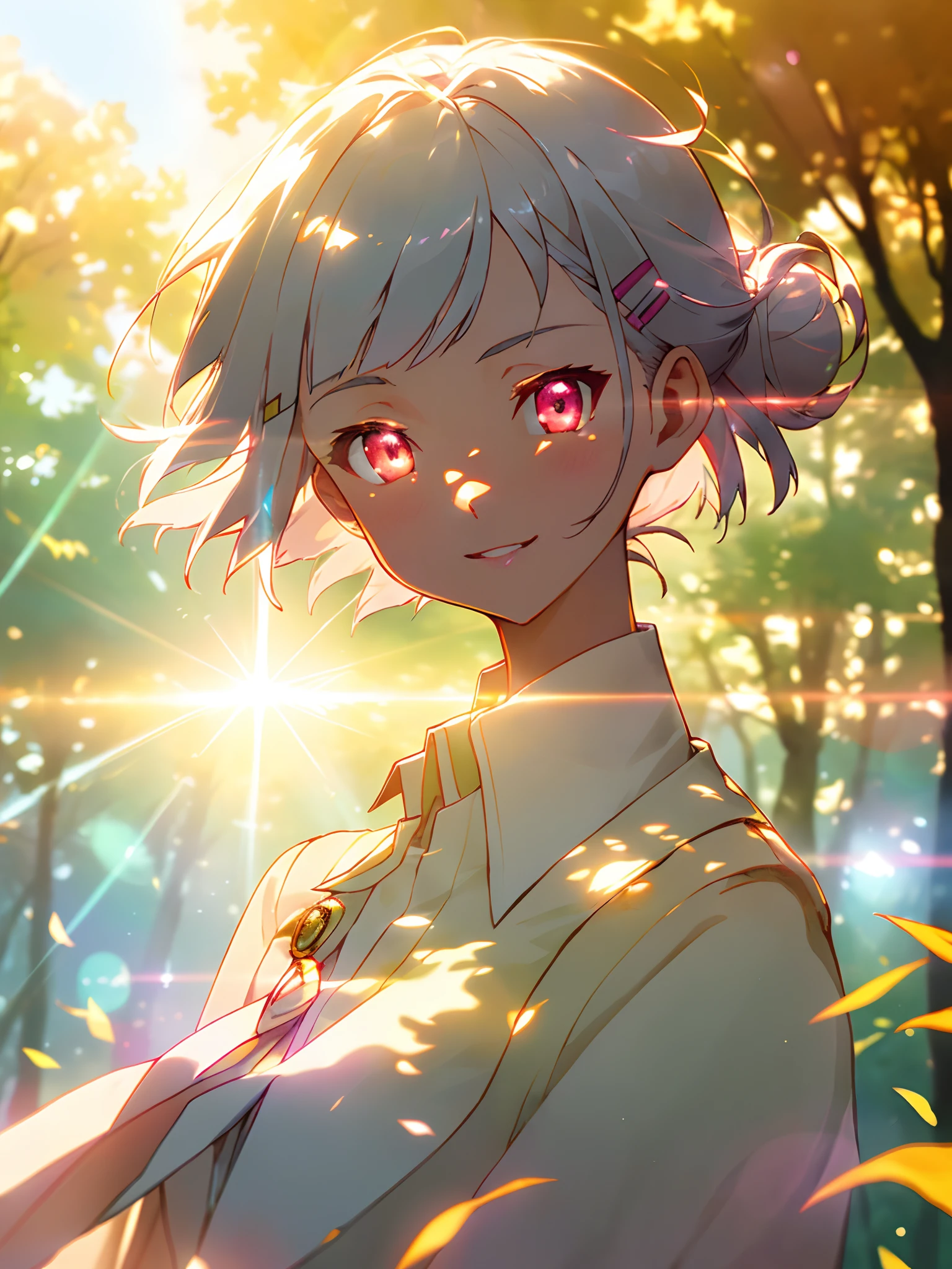 Faint lips、lighting like a movie、Petite 1 girl、Short hair with silver bob styled in a bun with hair clip, Pink eyes, small tits、seducting smile、Close-up of a female cartoon、School_uniform、portraitures、warm light sunset、Ray Light Glow Lens Flare(Ray Light Glow Lens Flare)(Ray Light Glow Lens Flare(Ray Light Glow Lens Flare))(Ray Light Glow Lens Flare(Ray Light Glow Lens Flare)(Ray Light Glow Lens Flare(Ray Light Glow Lens Flare)))、deep-shadows、Depth of field unparalleled landscape sentimental、float (Detailed light) Trees with autumn leaves、((the wind)) naturey(sunlights) a river(the woods)