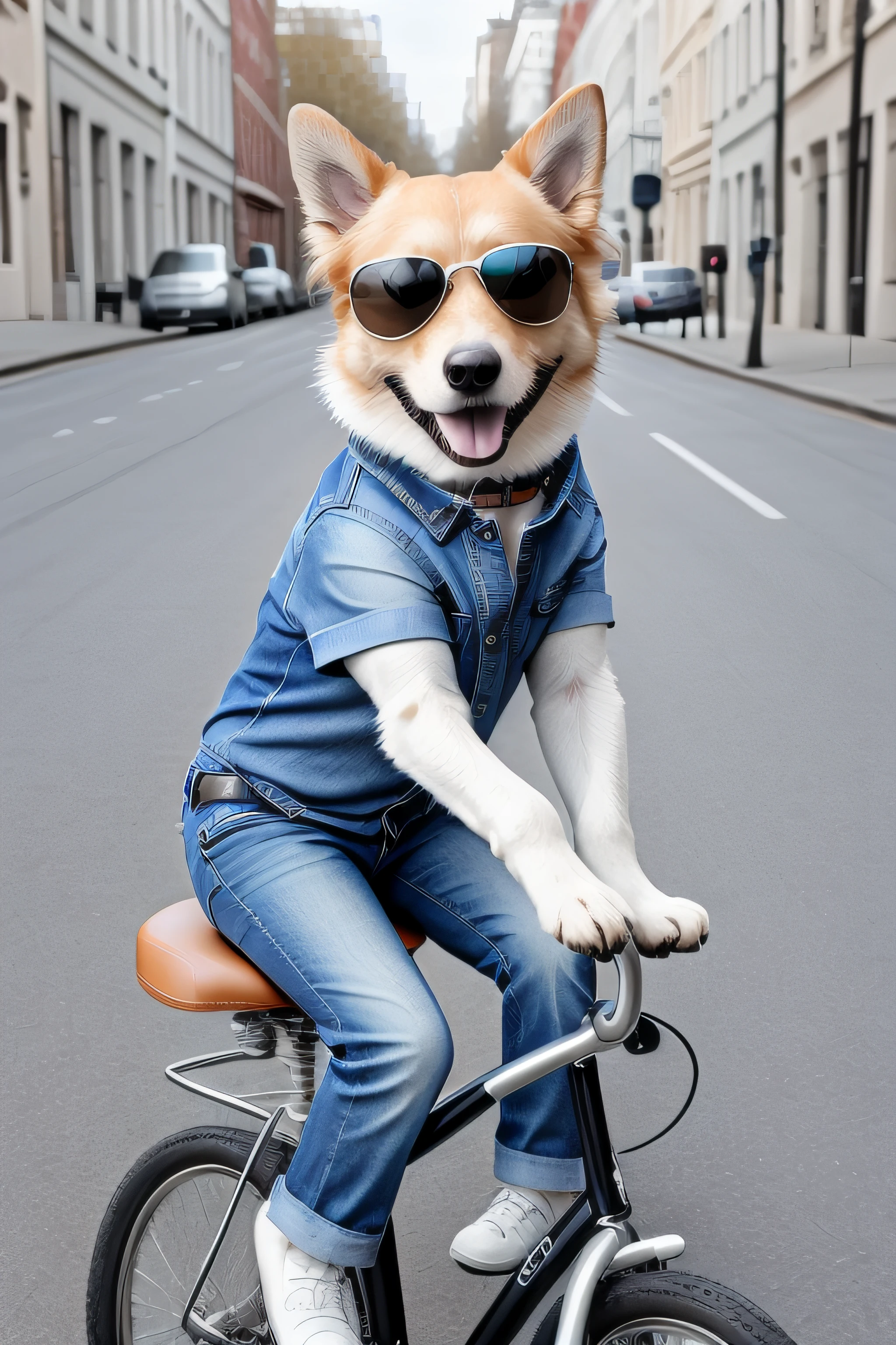 a high-quality studio photo of a dog wearing sunglasses and riding bike, dog dressed with jeans and shirt