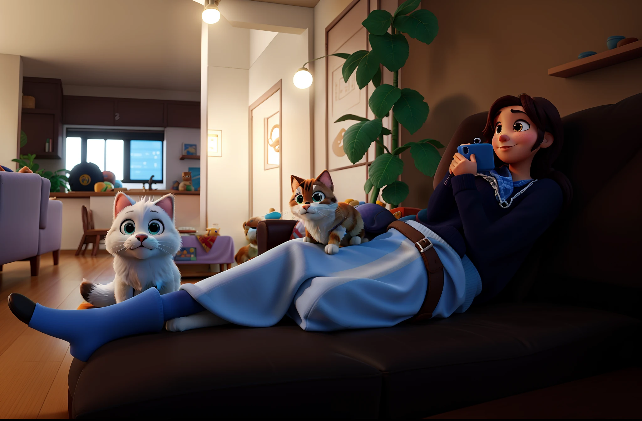 3stlo disney pixar. Imagem melhor qualidade. Mulher  deitada no sofa, com celular na mao e um cachorro branco a esquerda e um gato malhado a direita em seu colo.