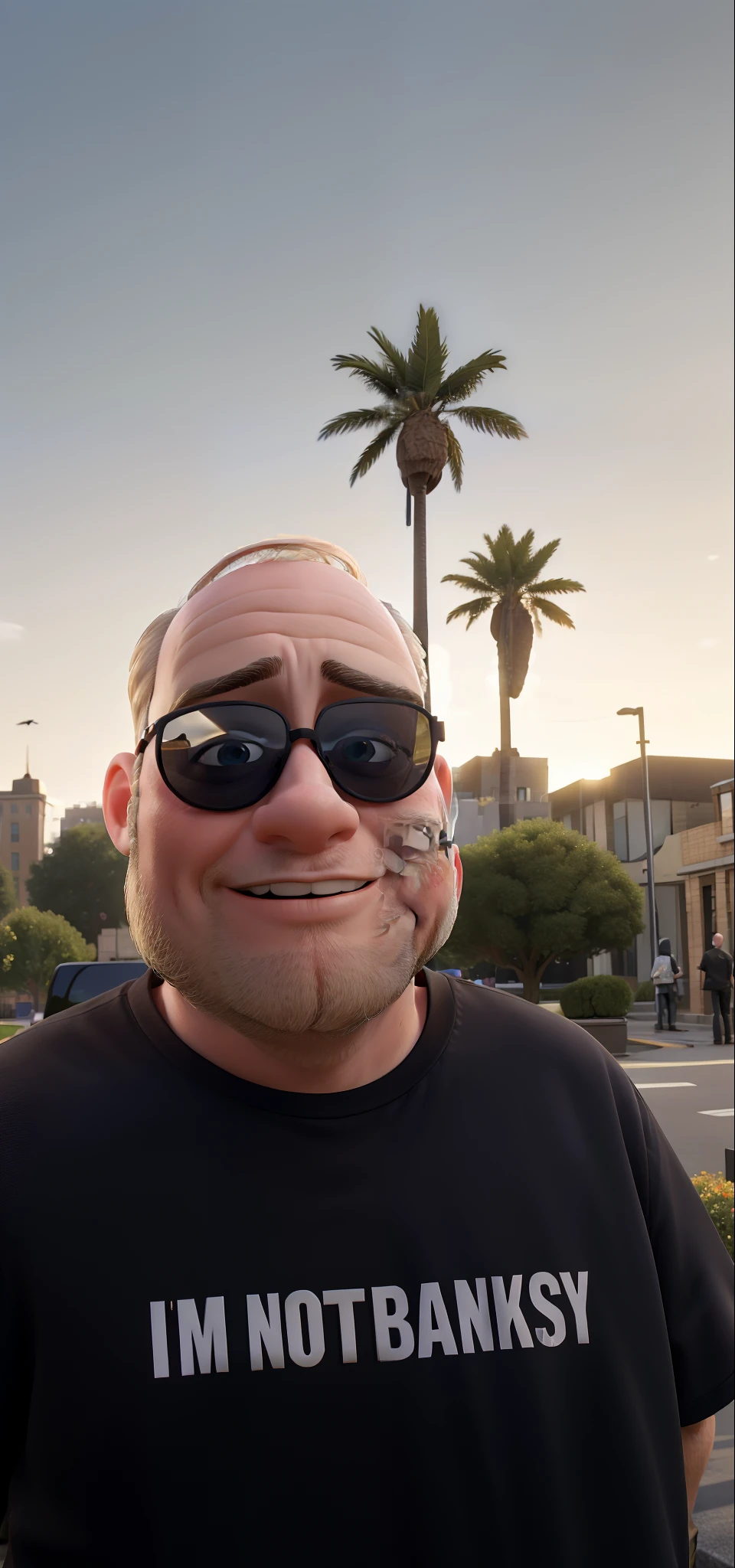 Masterpiece, of the best quality, a blond and bald man, wearing mirrored sunglasses, wearing a black shirt with the words "I'm not Banksy" in an environment with computers and technology