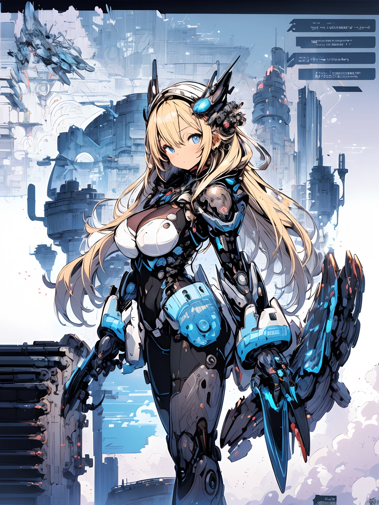 The most beautiful and sexy mecha warrior girl, blonde hair, blue eyes, wearing a highly detailed futuristic hooded mecha battle armor, mechanical angel wings, cleavage showing, tons of tattoos and piercings, in hyper futuristic city metropolis, cherry blossoms blowing in the wind, highly detailed background, absurdres, highres, ultra detailed, (cute illustration:1.5), (cute,kawaii,sweet:1.2),
(1girl:1.4), bodysuit, cyborg girl,
hyper gigantic mechanical hands,dynamic pose, 
nice hands, perfect hands, incredibly cinematic, best quality, best resolution