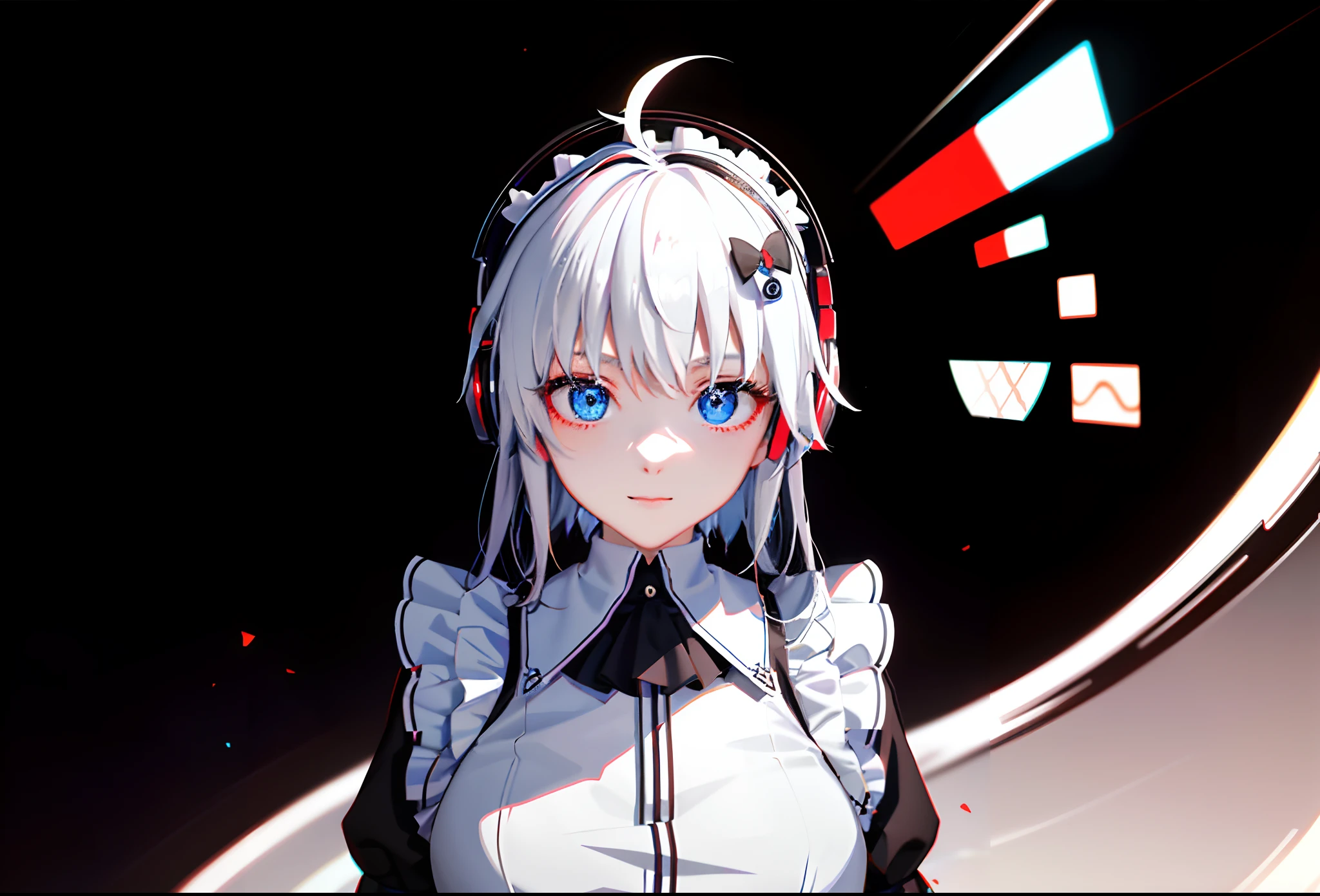 (Happy eyes: 1.8) (The left eye is blue: 1.5)(The right eye is red: 1.5) (Looking forward: 1.5) Anime character in black and white costume and headphones, anime girls in maid costumes, Cool 3D Anime Girl Rendering, anime girls in maid costumes, maid clothes, gorgeous maid, white haired god, Blue and Red Odd-Eye