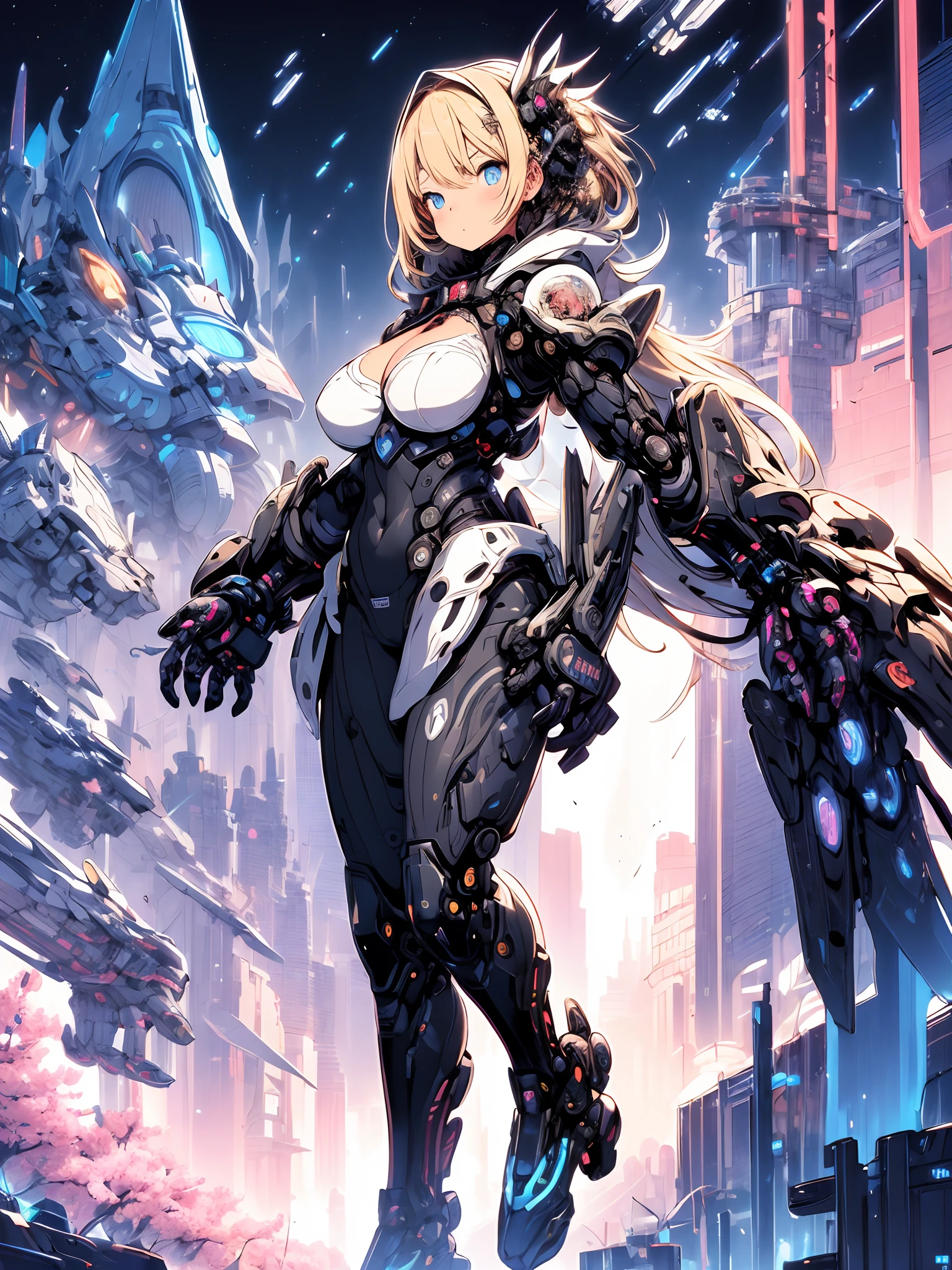 The most beautiful and sexy mecha warrior girl, blonde hair, blue eyes, wearing a highly detailed futuristic hooded mecha battle armor, mechanical angel wings, cleavage showing, tons of tattoos and piercings, in hyper futuristic city metropolis, cherry blossoms blowing in the wind, highly detailed background, absurdres, highres, ultra detailed, (cute illustration:1.5), (cute,kawaii,sweet:1.2),
(1girl:1.4), bodysuit, cyborg girl,
hyper gigantic mechanical hands,dynamic pose, 
nice hands, perfect hands, incredibly cinematic, best quality, best resolution