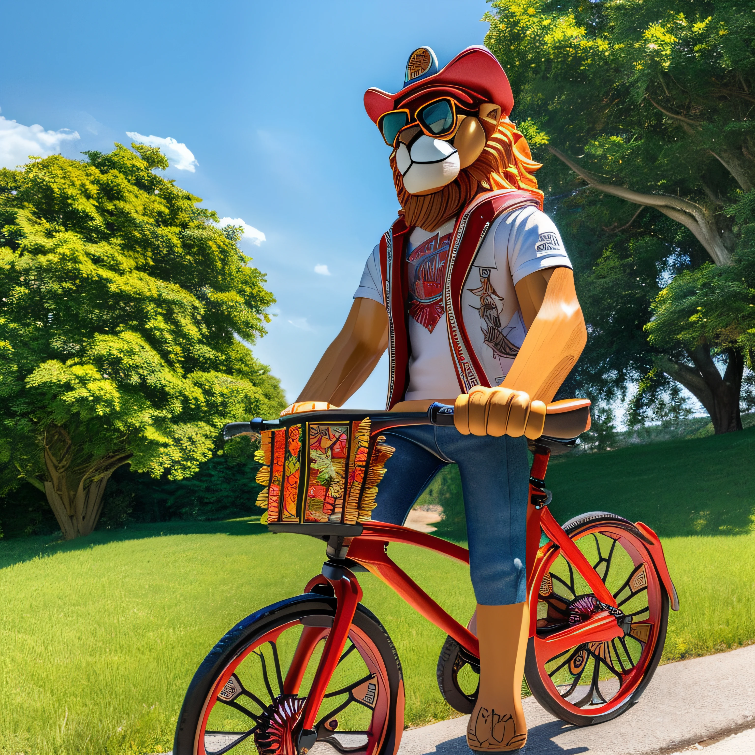 (masterpiece, best quality;1.3), extremely detailed ,ultra detailed,  an body lion in redhat and cool glasses, ride bike wearing tshirt and jeans