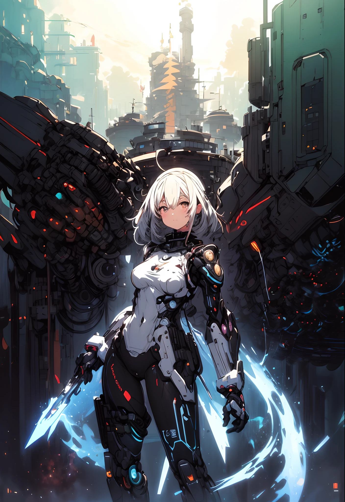 a painting of a woman with a gun and a sword, krenz cushart and wenjun lin, cyberpunk anime girl mech, krenz cushart and asher duran, painterly humanoid mecha, wlop and krenz cushart, illustration concept art, guweiz, krenz cushart and artem demura, female mecha, (cute illustration:1.5), (cute,kawaii,sweet:1.2),
(1girl:1.4), bodysuit, cyborg girl,
hyper gigantic mechanical hands,dynamic pose, 
nice hands, perfect hands, incredibly cinematic, best quality, best resolution