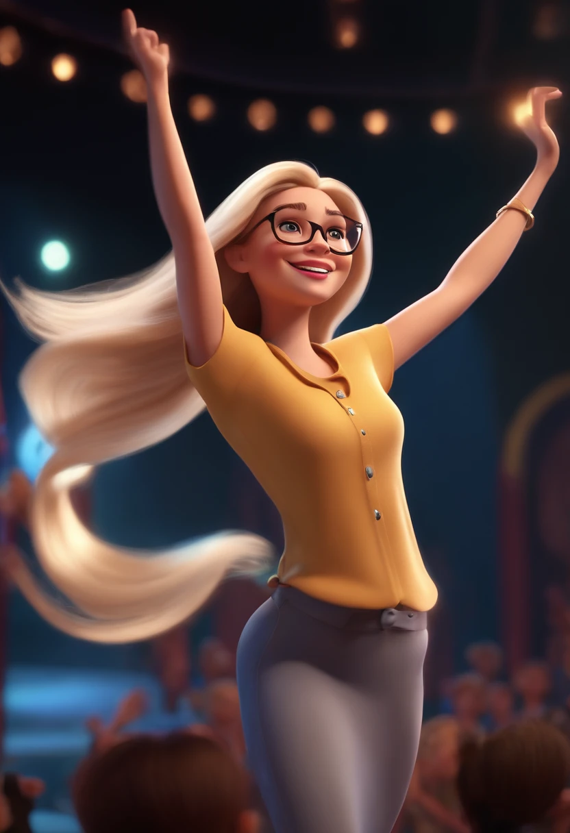 Magem Pixar Style with 3D Character Blonde Woman Light Skin Glasses Long Straight Hair Dancing on Stage Disney