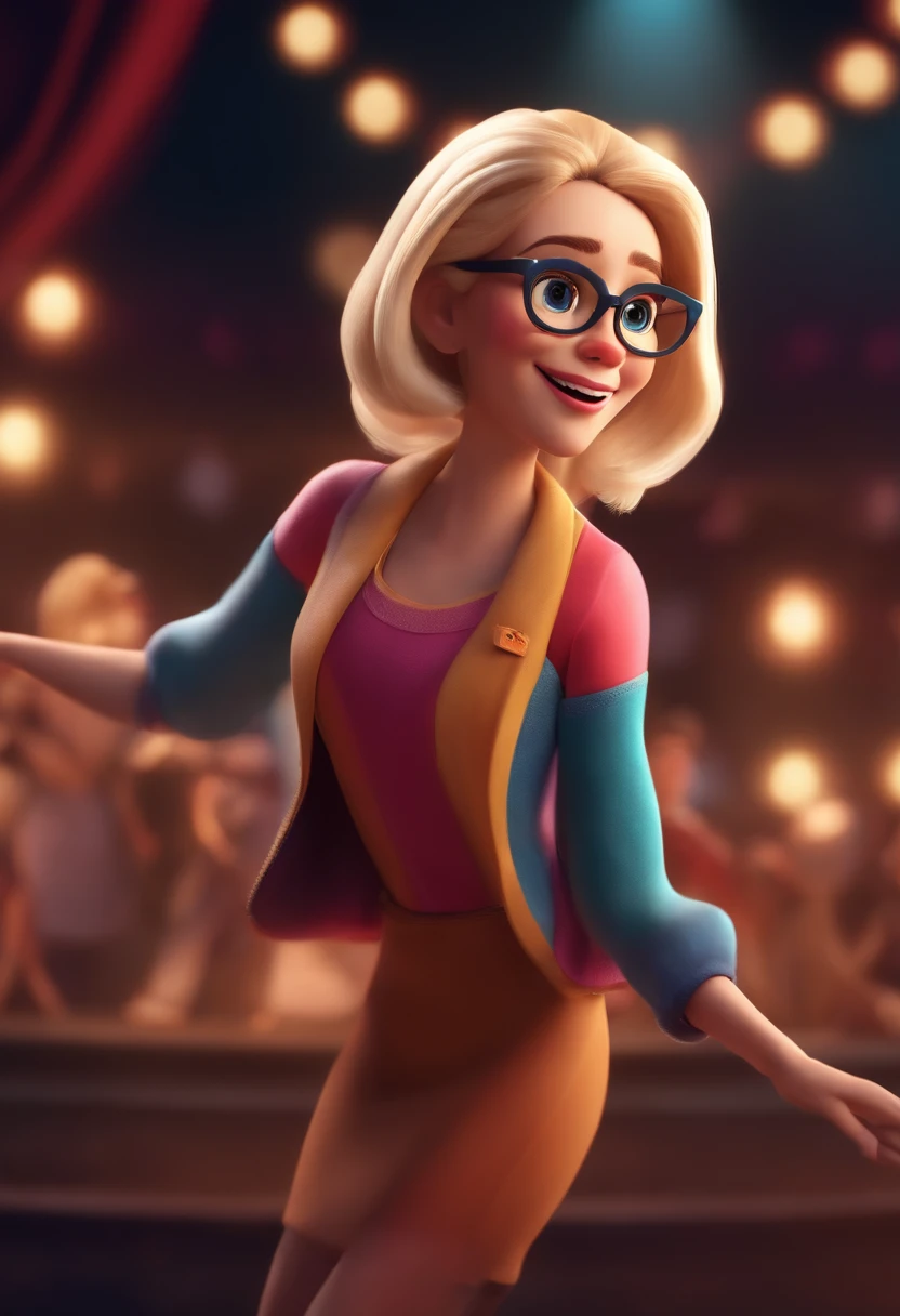 Magem Pixar Style with 3D Character Blonde Woman Light Skin Glasses Long Straight Hair Dancing on Stage Disney