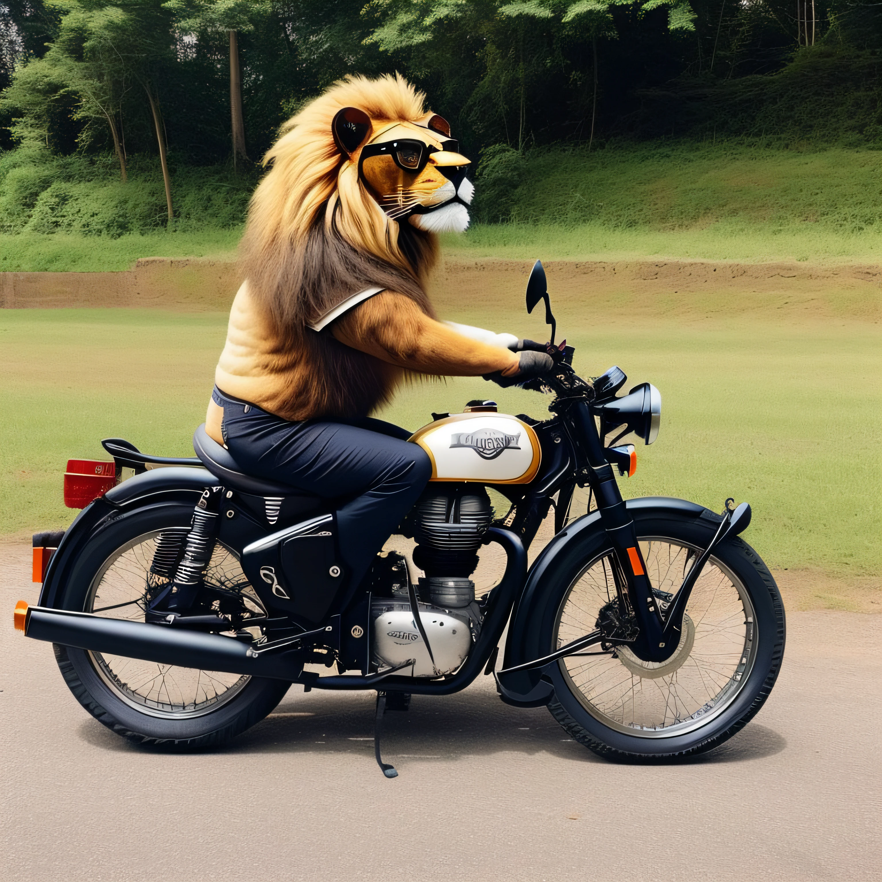 A photo of lion hybrid wearing glasses and riding Royal Enfield bike