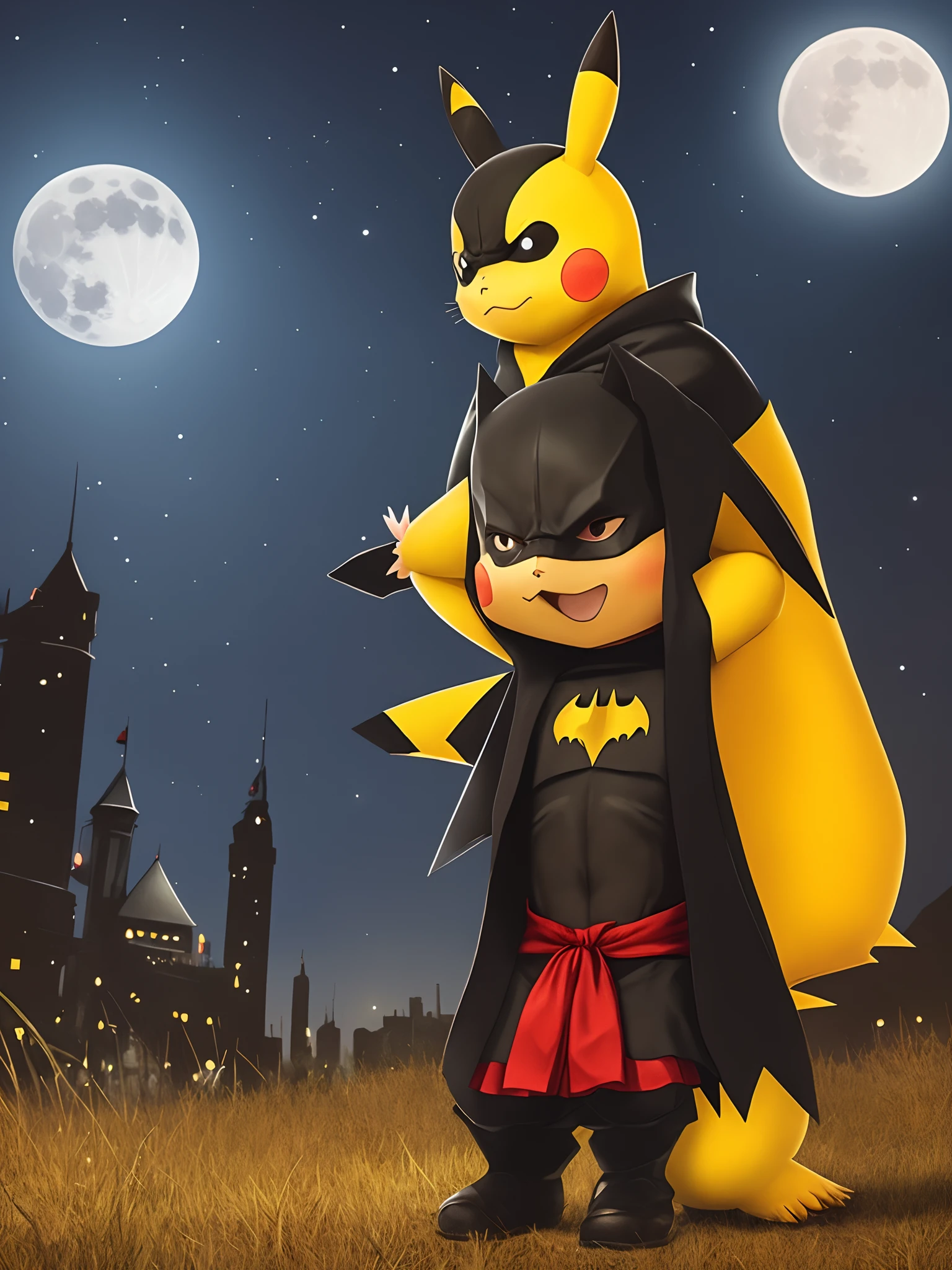 Pikachu dressed up as batman in front of a full moon at night time