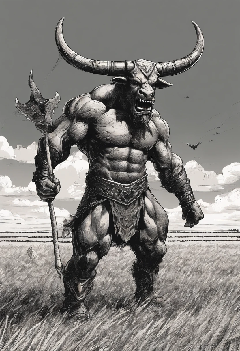 an Quority(Black minotaur:1.5)，（A monster with a minotaur with a microphone：1.8），sense of strength，Cow with an axe standing in a wheat field，Painful expression，(The minotaur raised its head and roared into the sky:2)，funk，shudder，Medieval landscape，Fantastical，4K，best qualtiy，primitive，（(Ultra-detailed and high-precision details))，Power Hero & Magic 3，Fantastical，In the background are plain wheat fields，The scene is impressive，(Struggling in pain:1.8),break one's heart，Pained and uncomfortable expressions