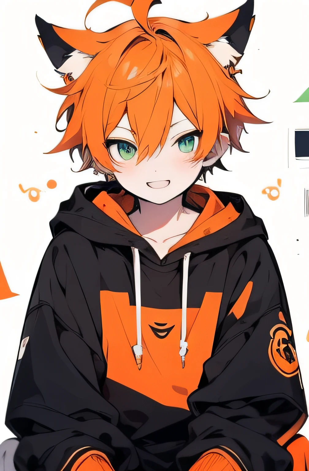 A boy wearing an orange hoodie and black shorts, with light orange hair, an ahoge, expressive hair, emerald green eyes, and sapphire blue eyes. He has a smiling face, full-body illustration, fox ears, a slightly blushing complexion, high-quality rendering, a mischievous expression, a glint in his eyes, a patient demeanor, and a cheerful and charming smile. He sticks out his tongue playfully. The artwork is in a shallow depth of field with ray tracing. It has an anime style and is reminiscent of anime. The illustration features a character chart with correct anatomical structure and high-resolution details.