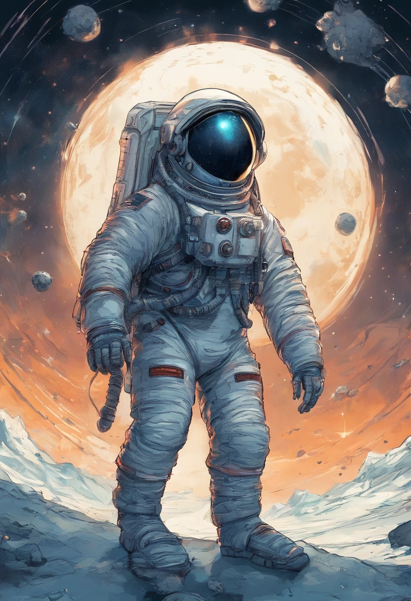 A Yeti astronaut floating in space in the distant center holding a beer, 1/4 of earth in the background
