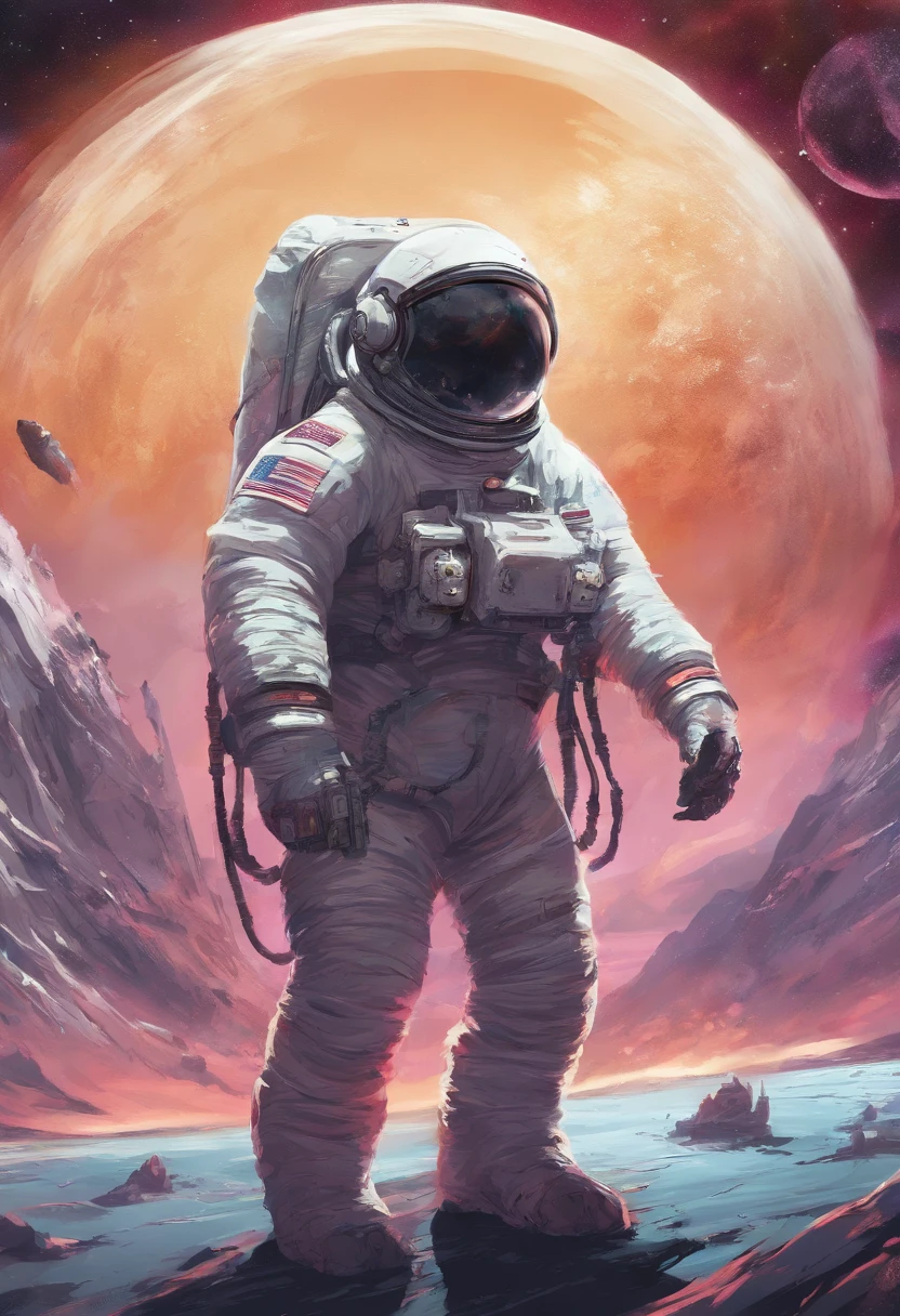 A Yeti astronaut floating in space in the distant center holding a beer, 1/4 of earth in the background