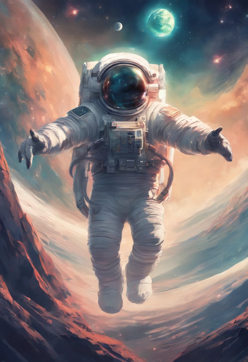 A Yeti astronaut floating in space in the distant center holding a beer, 1/4 of earth in the background