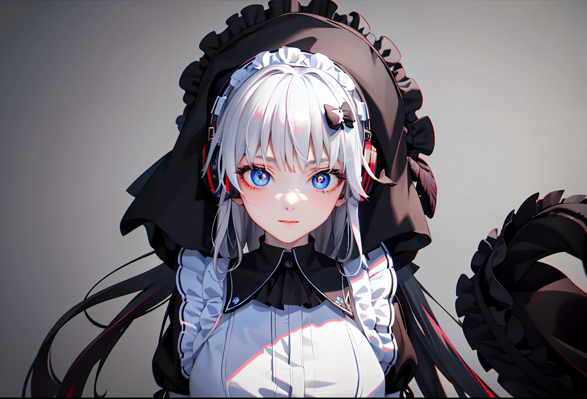 (Happy eyes: 1.8) (The left eye is blue: 1.5)(The right eye is red: 1.5) (Looking forward: 1.5) Anime character in black and white costume and headphones, anime girls in maid costumes, Cool 3D Anime Girl Rendering, anime girls in maid costumes, maid clothes, gorgeous maid, white haired god, Blue and Red Odd-Eye