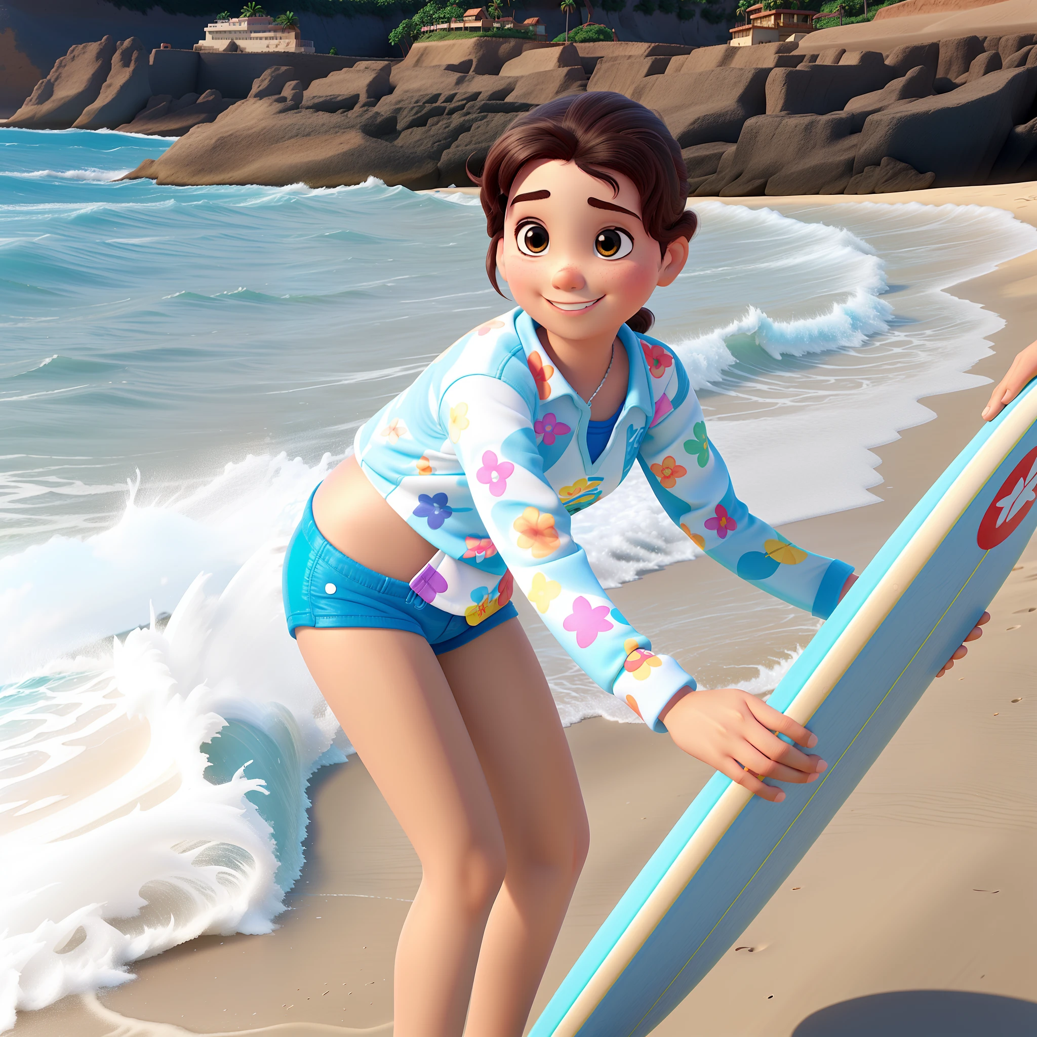 de cinco anos na praia com prancha de surf estilo disney pixar alta qualidade
