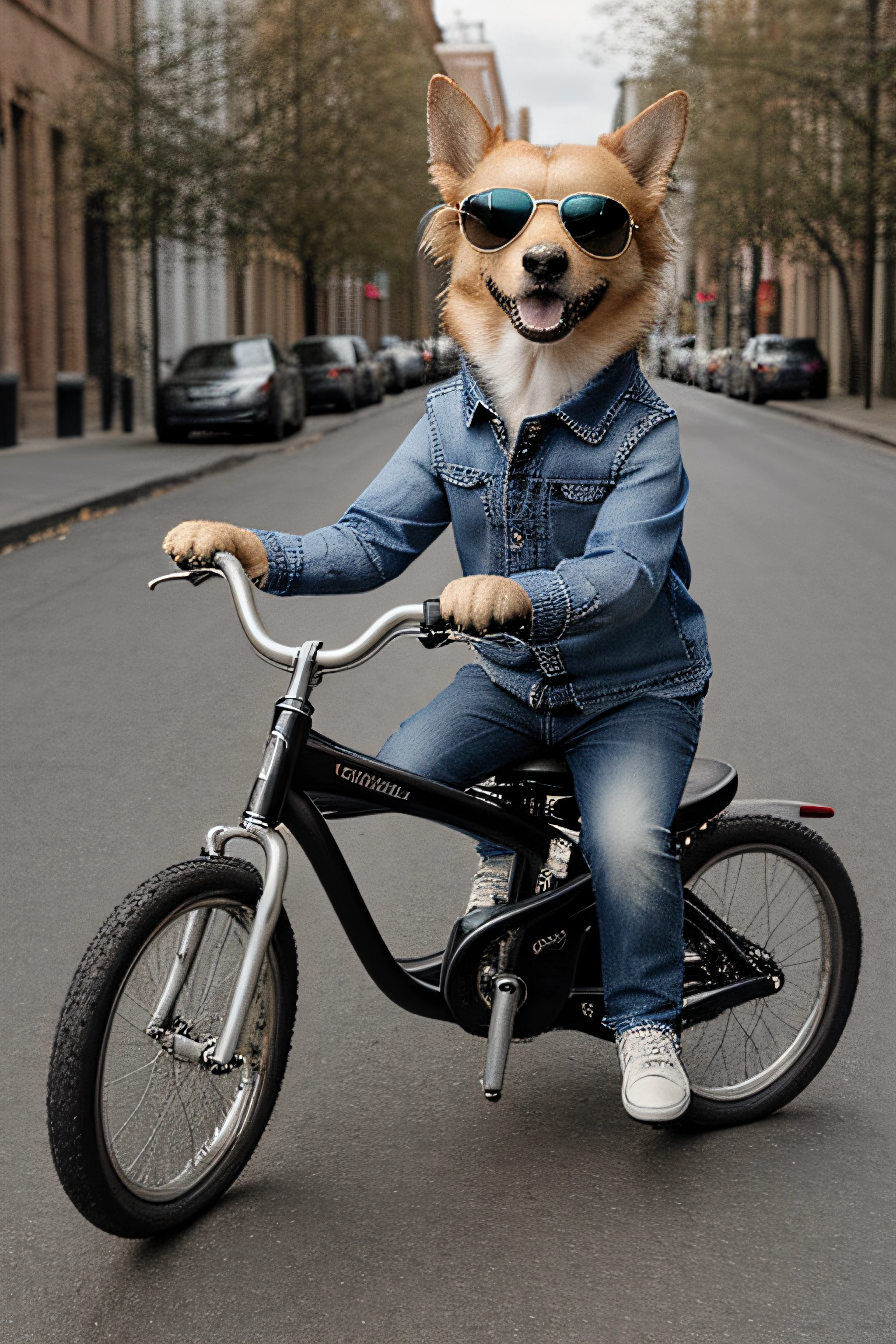 a high-quality studio photo of a dog wearing sunglasses and riding bike, dog dressed with jeans and shirt