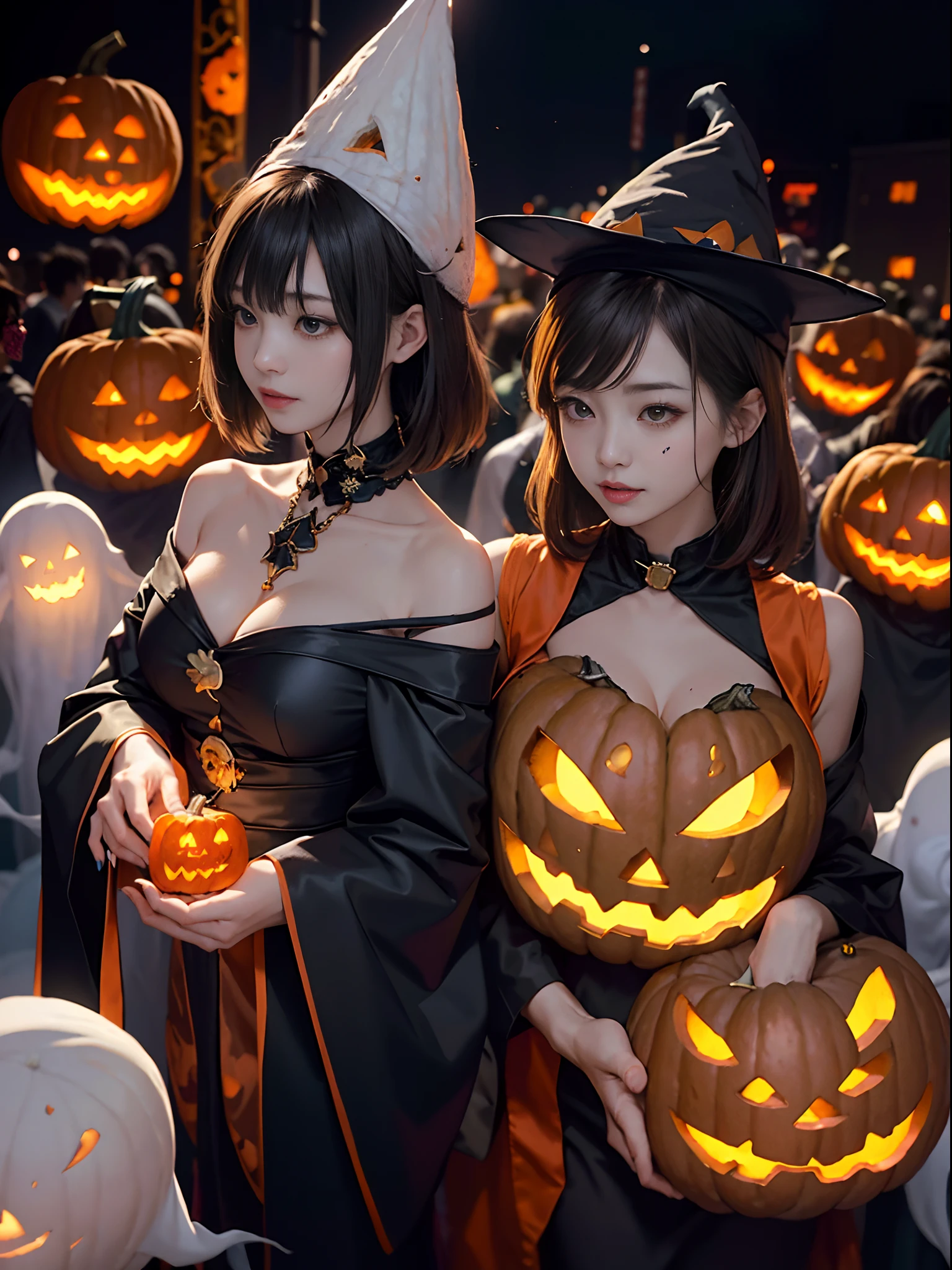 Background of details(halloween night(fullmoon,City of Shibuya(Crowds(People in costumes々々々々))):1.5),BREAK ,elaborate costume(Sorcerer(Pointy hat)),BREAK,(1 Beautiful and classy adult woman(Shy smile:1.2)(Japanese actressl:1.2)(A dark-haired(short-hair:1.2))),(eye glass:1.),((magia((Pumpkin in the right hand),(The Ghost of the Left Hand))summoner):1.5),BREAK,Wallpapers 16K,Blur the background,)(masutepiece,Best Quality,Portrait photos):1.5),Faraway view