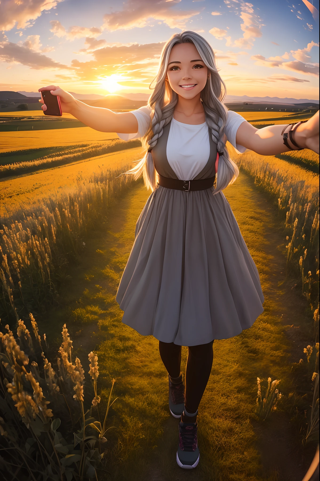 360 image, 1 cute girl, fisheye, selfie, wind, log grey hair braided hair, sunset, field , full body (aesthetics and atmosphere:1.2),smiling --auto