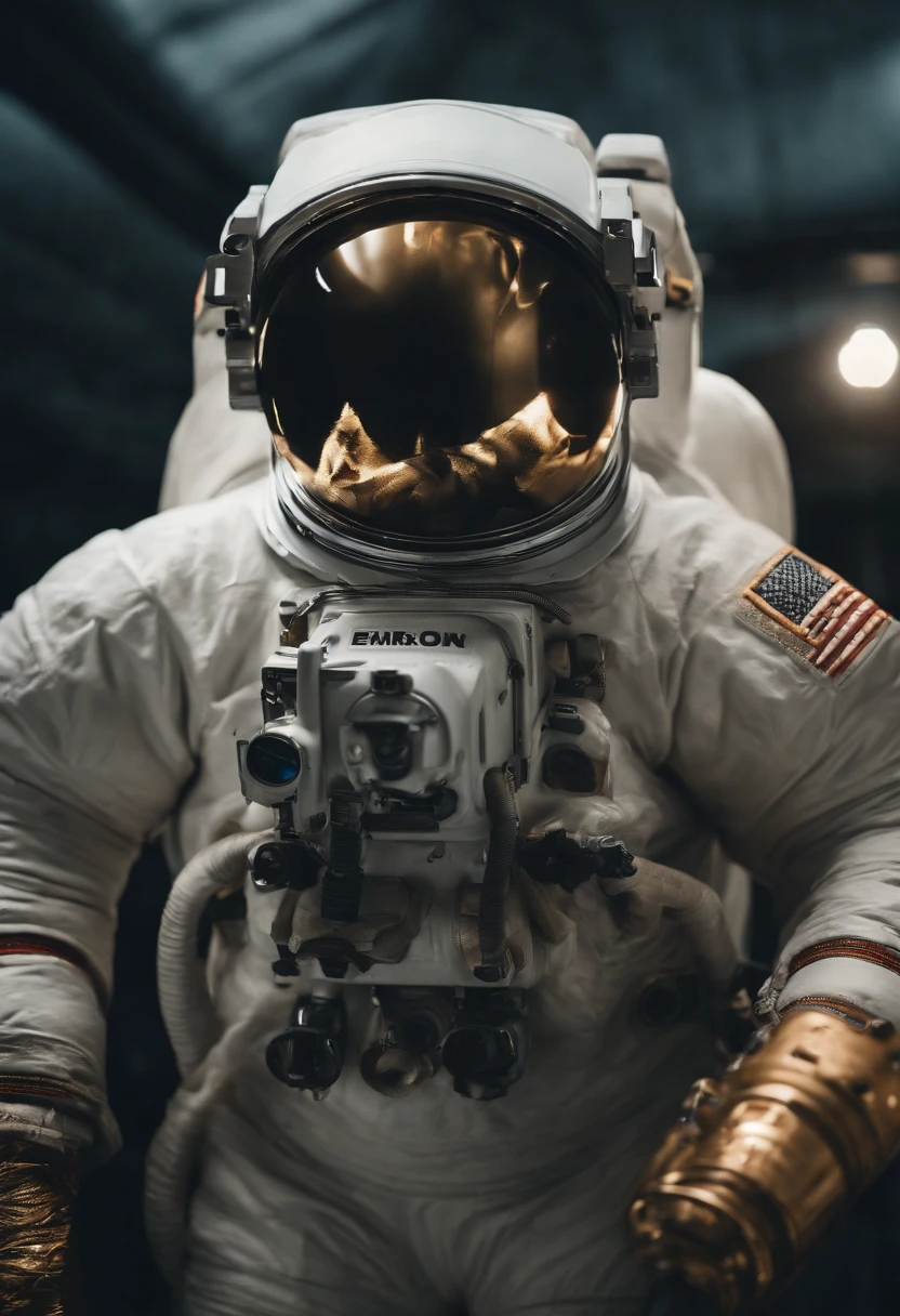A Yeti astronaut floating in space in the distant center holding a beer, 1/4 of earth in the background